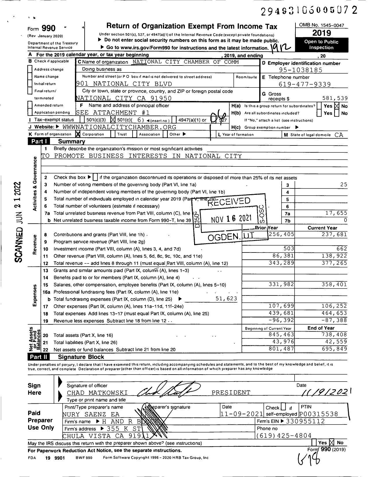 Image of first page of 2019 Form 990O for The National City Chamber of Commerce