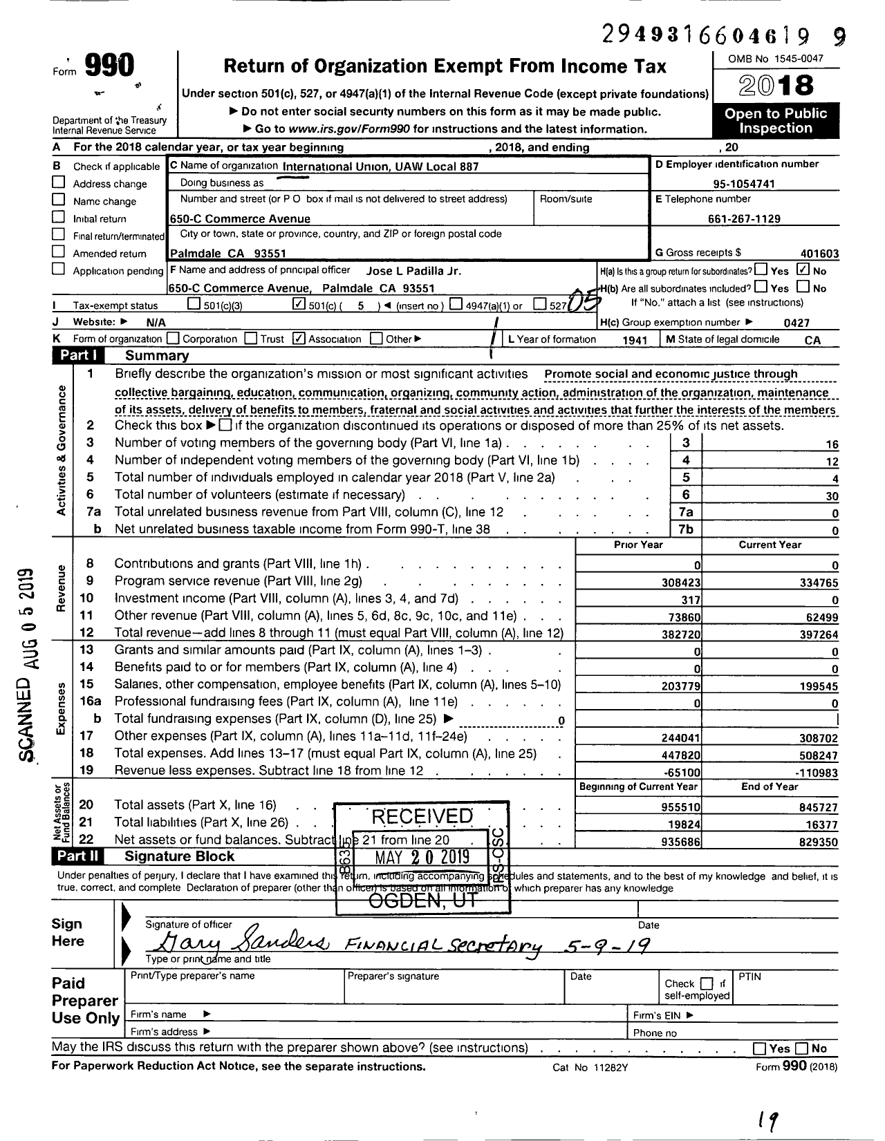 Image of first page of 2018 Form 990O for Uaw - Local Union 887 Uaw