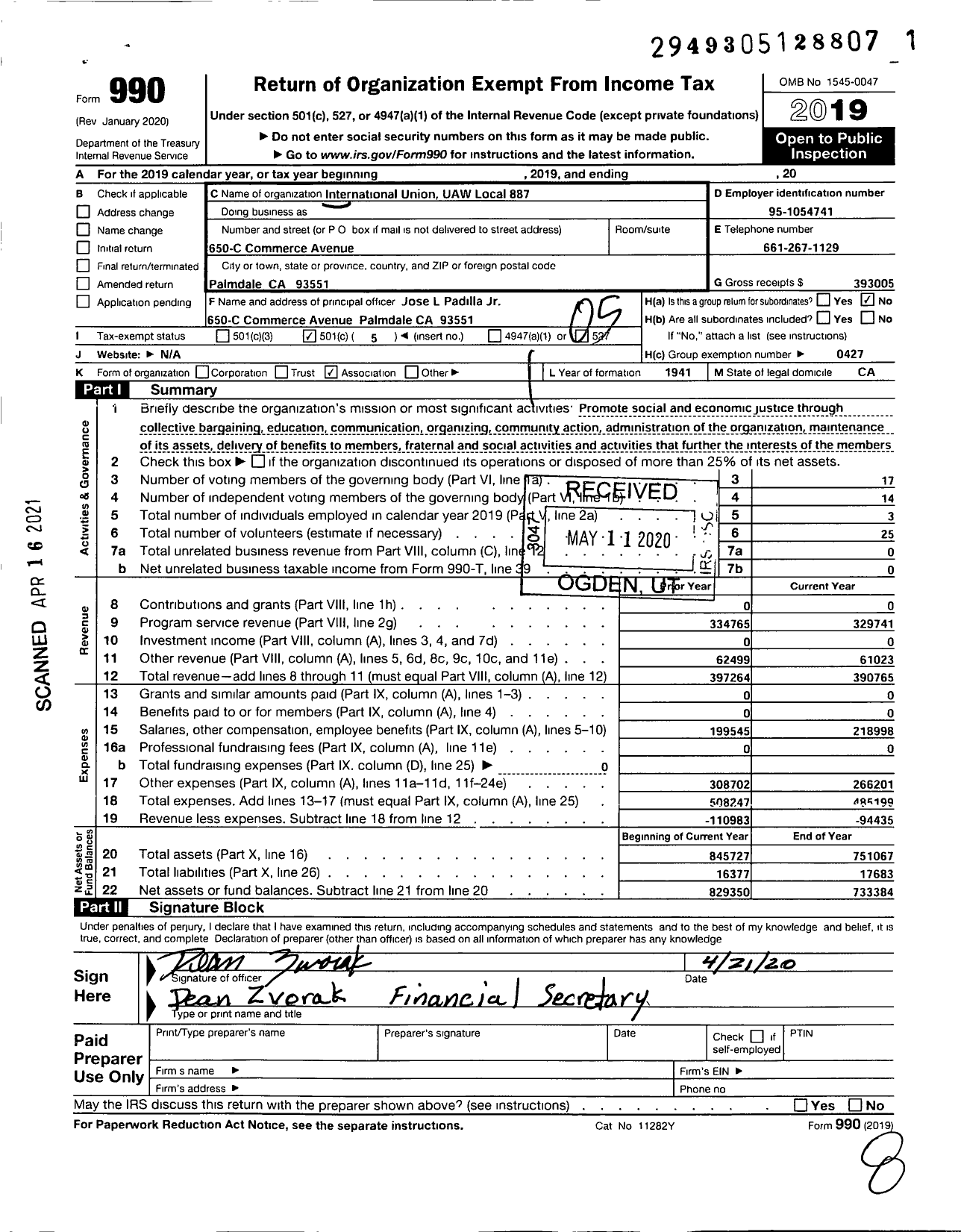 Image of first page of 2019 Form 990O for Uaw - Local Union 887 Uaw