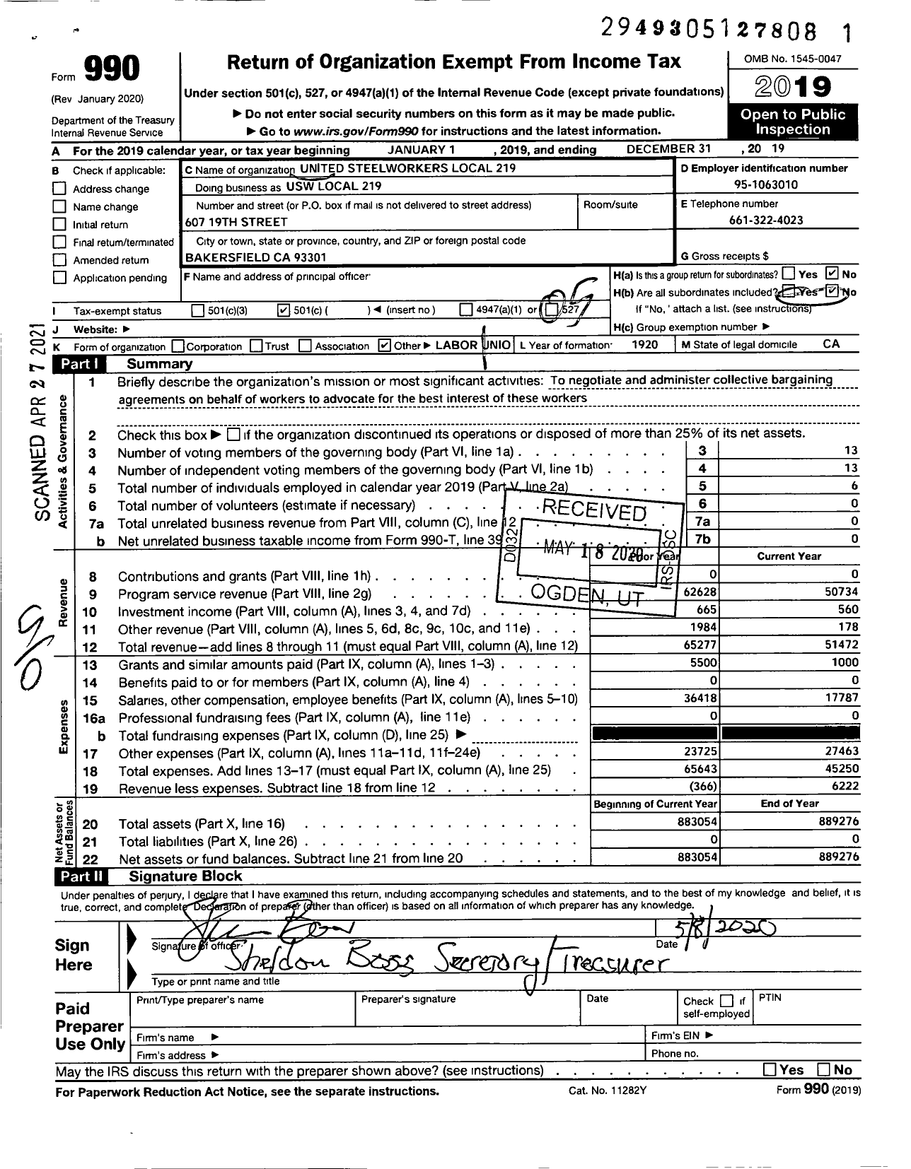 Image of first page of 2019 Form 990O for United Steelworkers - USW Local 219