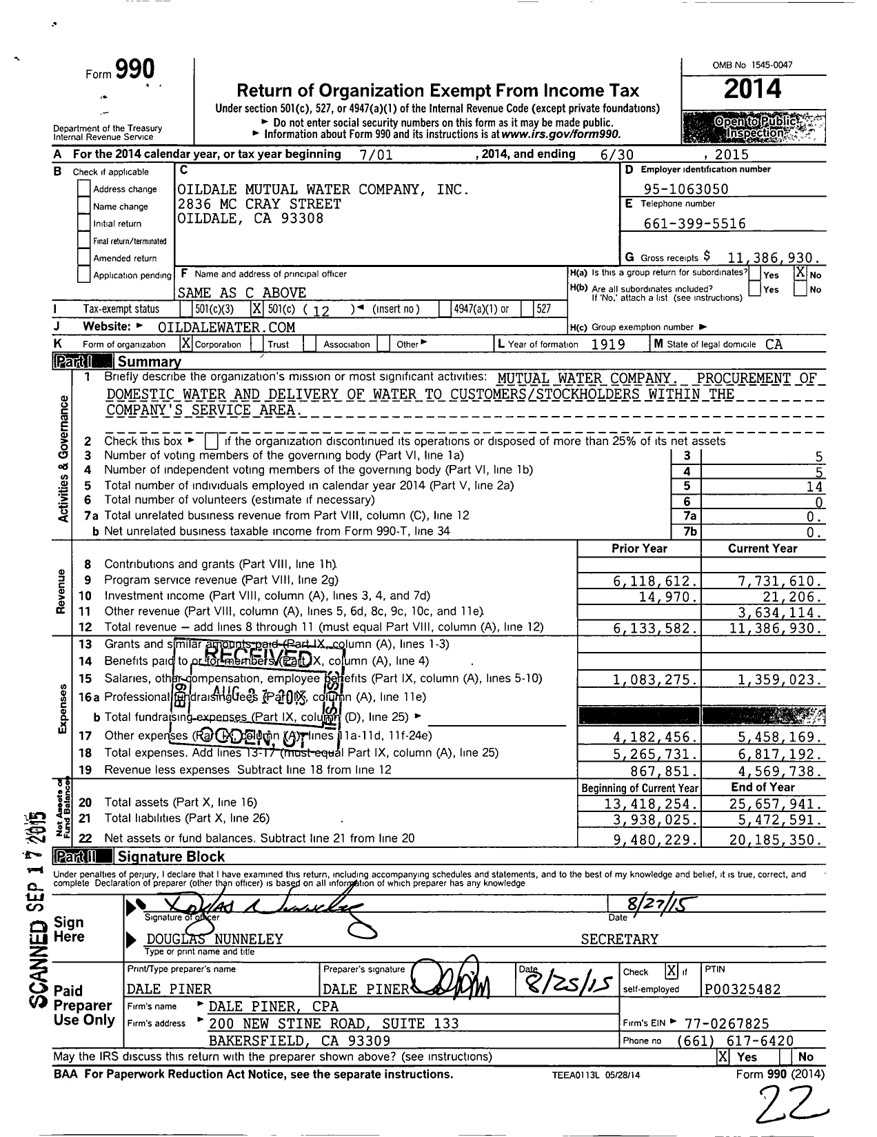 Image of first page of 2014 Form 990O for Oildale Mutual Water Company