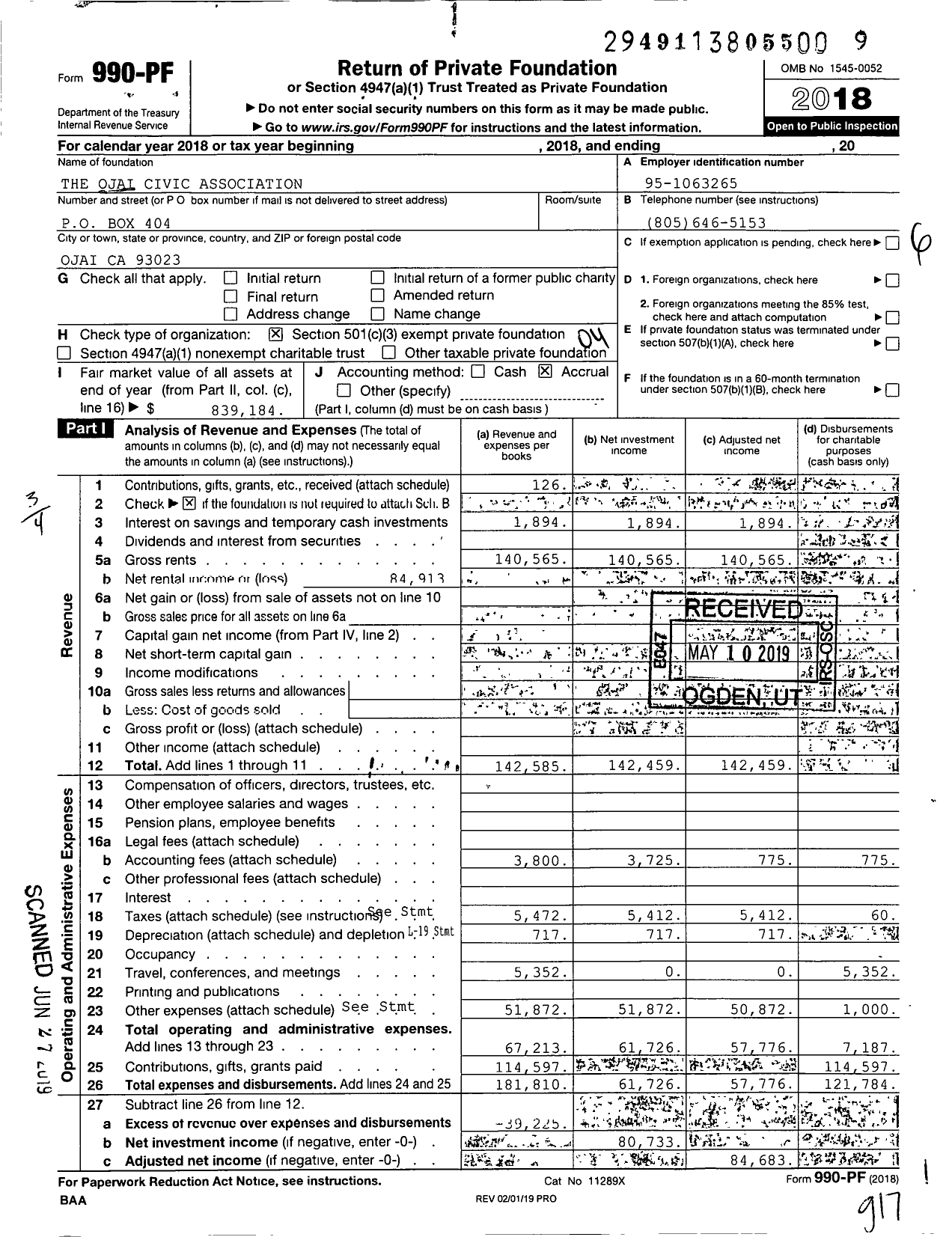 Image of first page of 2018 Form 990PF for The Ojai Civic Association