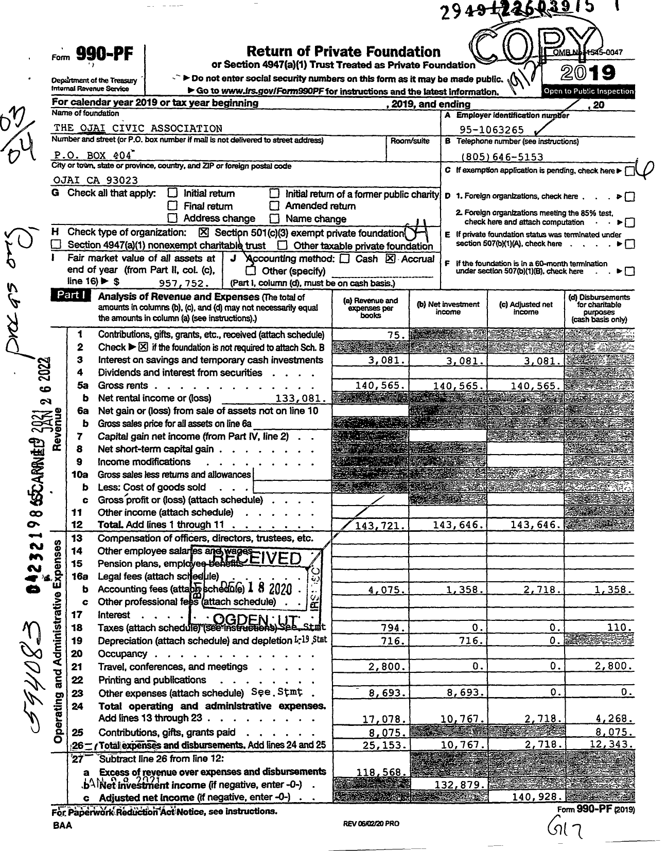 Image of first page of 2019 Form 990PF for The Ojai Civic Association