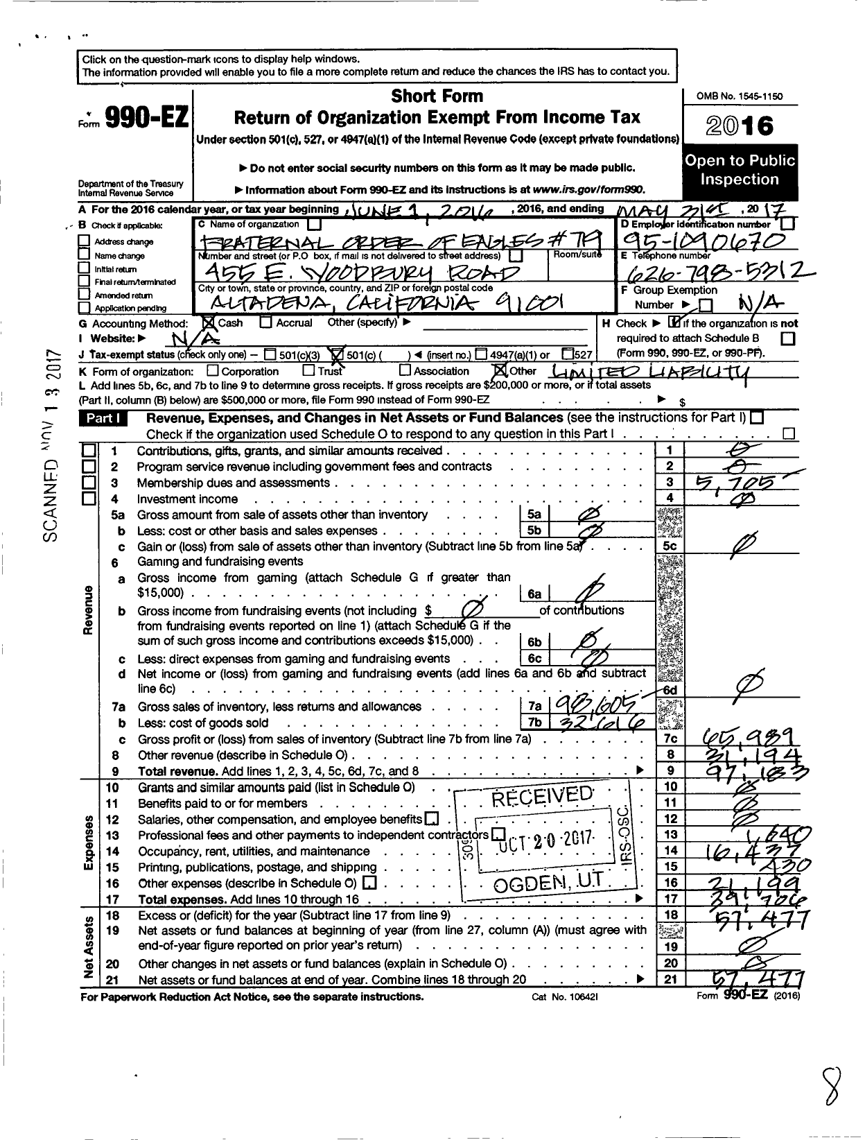 Image of first page of 2016 Form 990EO for Fraternal Order of Eagles - 719 Aerie