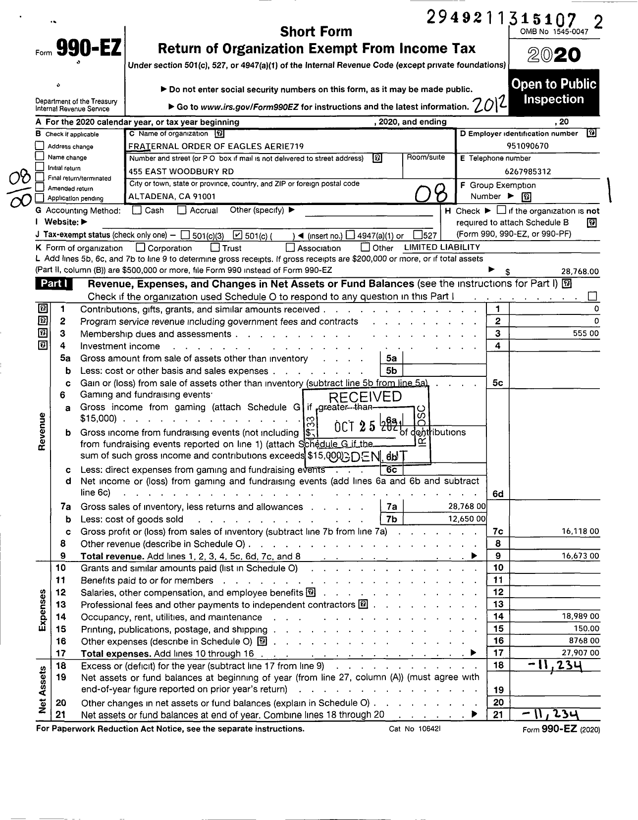 Image of first page of 2020 Form 990EO for Fraternal Order of Eagles - 719 Aerie