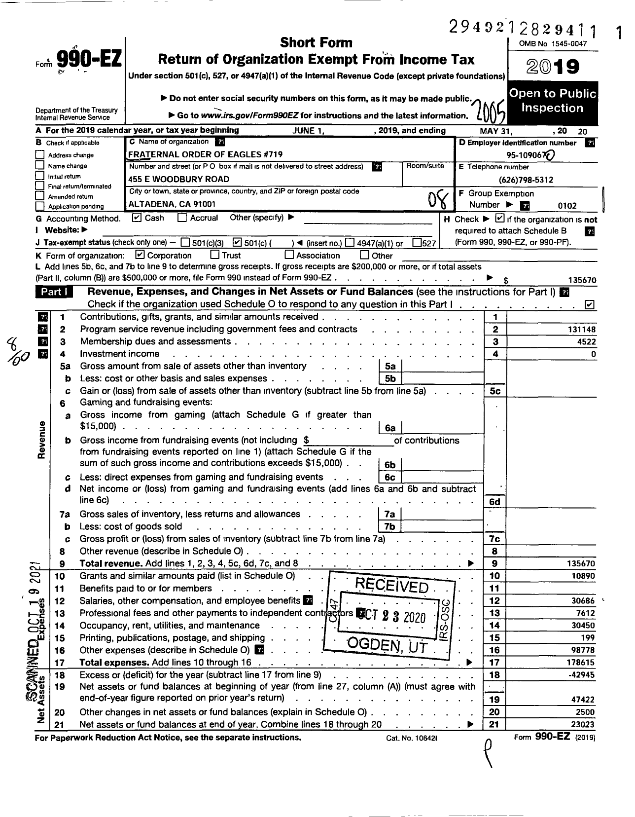 Image of first page of 2019 Form 990EO for Fraternal Order of Eagles - 719 Aerie