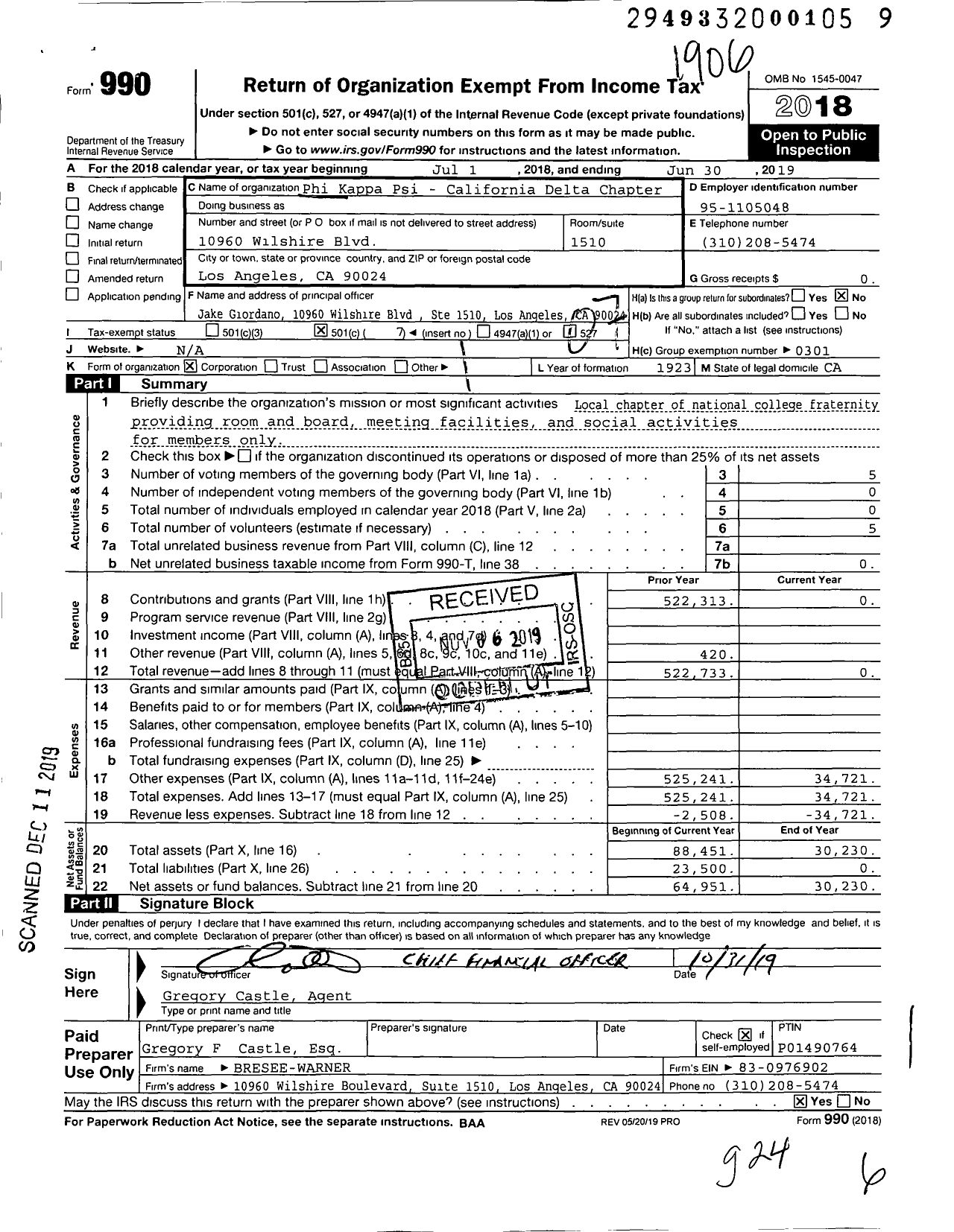 Image of first page of 2018 Form 990O for Phi Kappa Psi Fraternity - California Delta Chapter