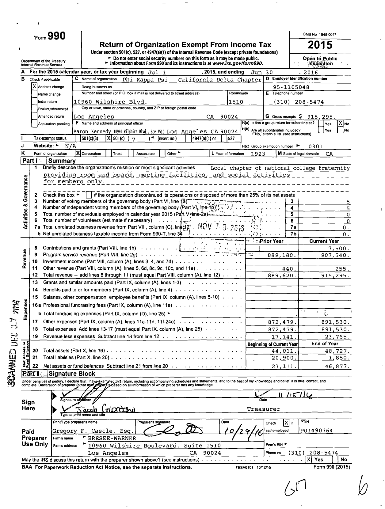 Image of first page of 2015 Form 990O for Phi Kappa Psi Fraternity - California Delta Chapter