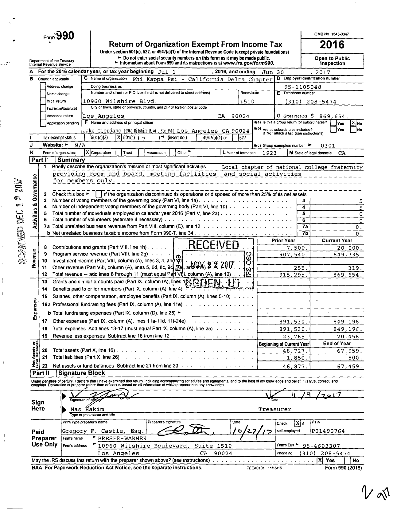 Image of first page of 2016 Form 990O for Phi Kappa Psi Fraternity - California Delta Chapter