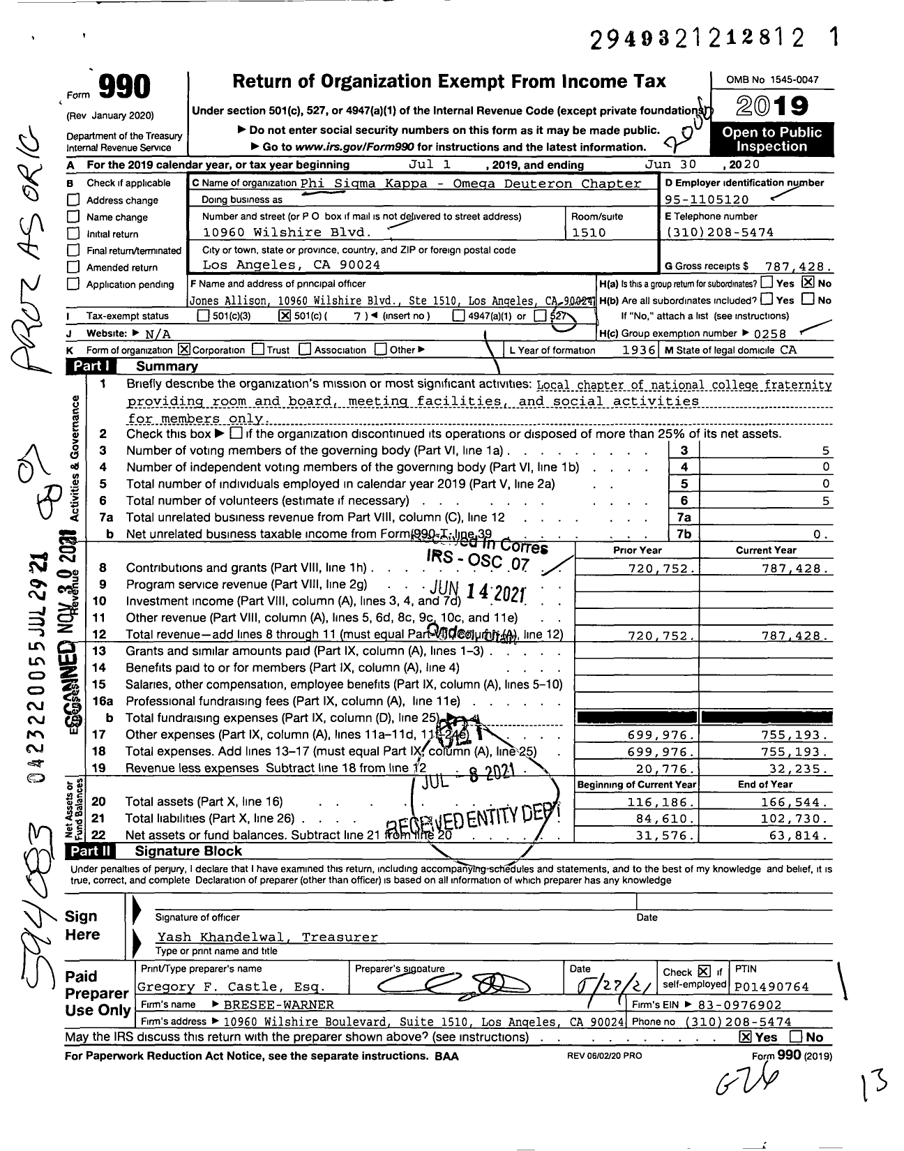 Image of first page of 2019 Form 990O for Phi Sigma Kappa - 148 Omega Deuteron Chapter