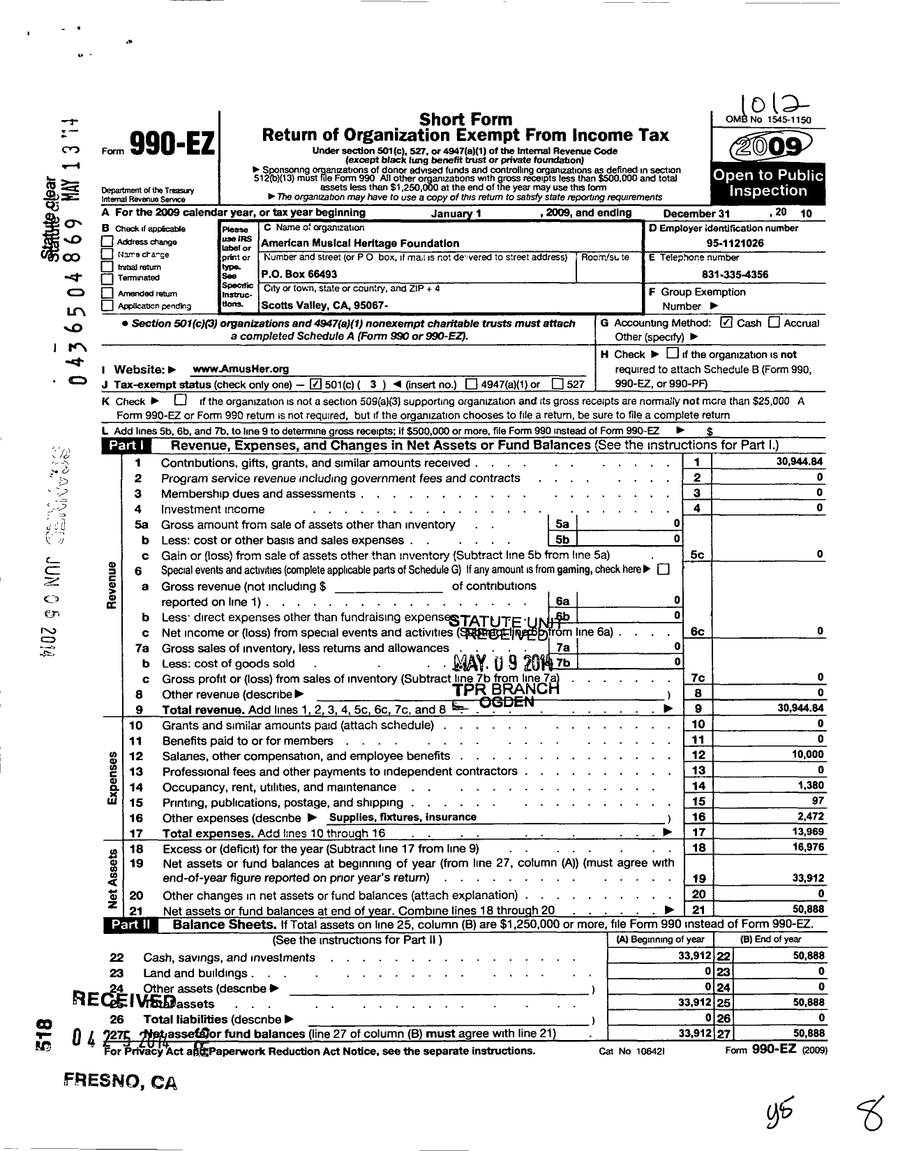 Image of first page of 2010 Form 990EZ for American Musical Heritage Foundation