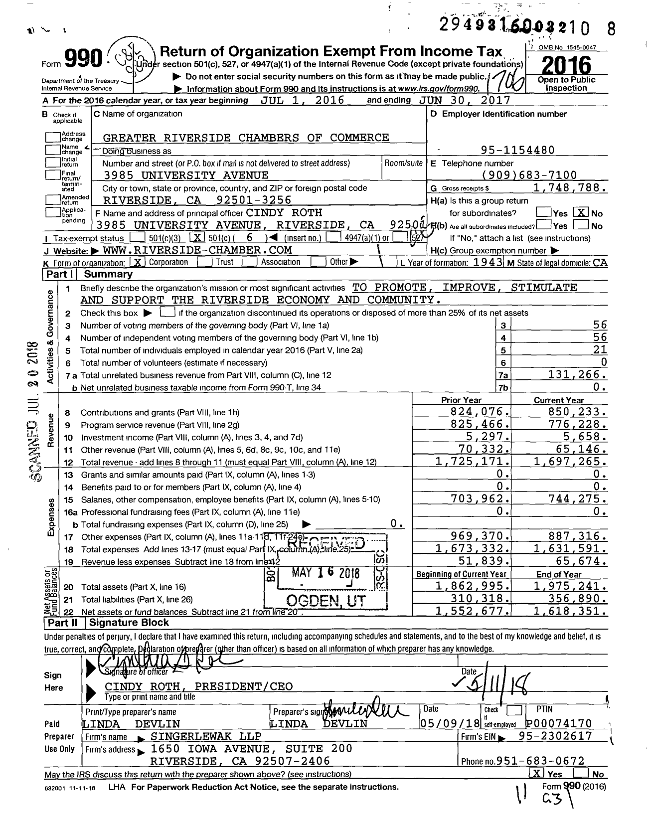 Image of first page of 2016 Form 990O for Greater Riverside Chamber of Commerce