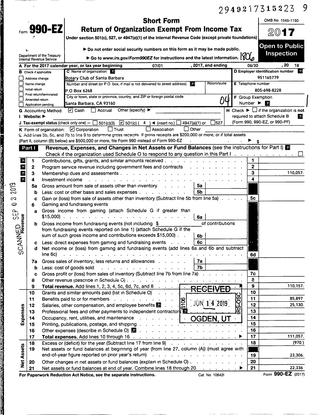 Image of first page of 2017 Form 990EO for Rotary International - Santa Barbara Rotary Club