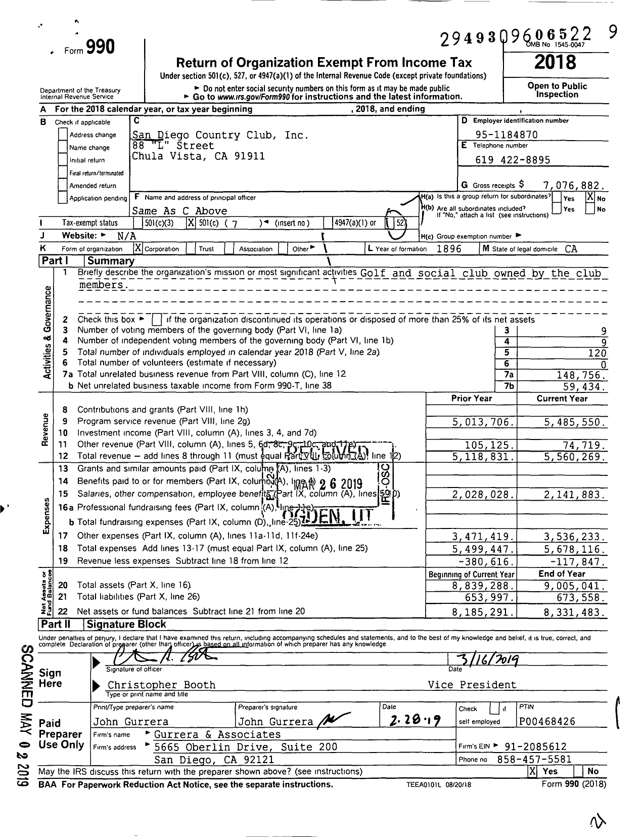 Image of first page of 2018 Form 990O for San Diego Country Club