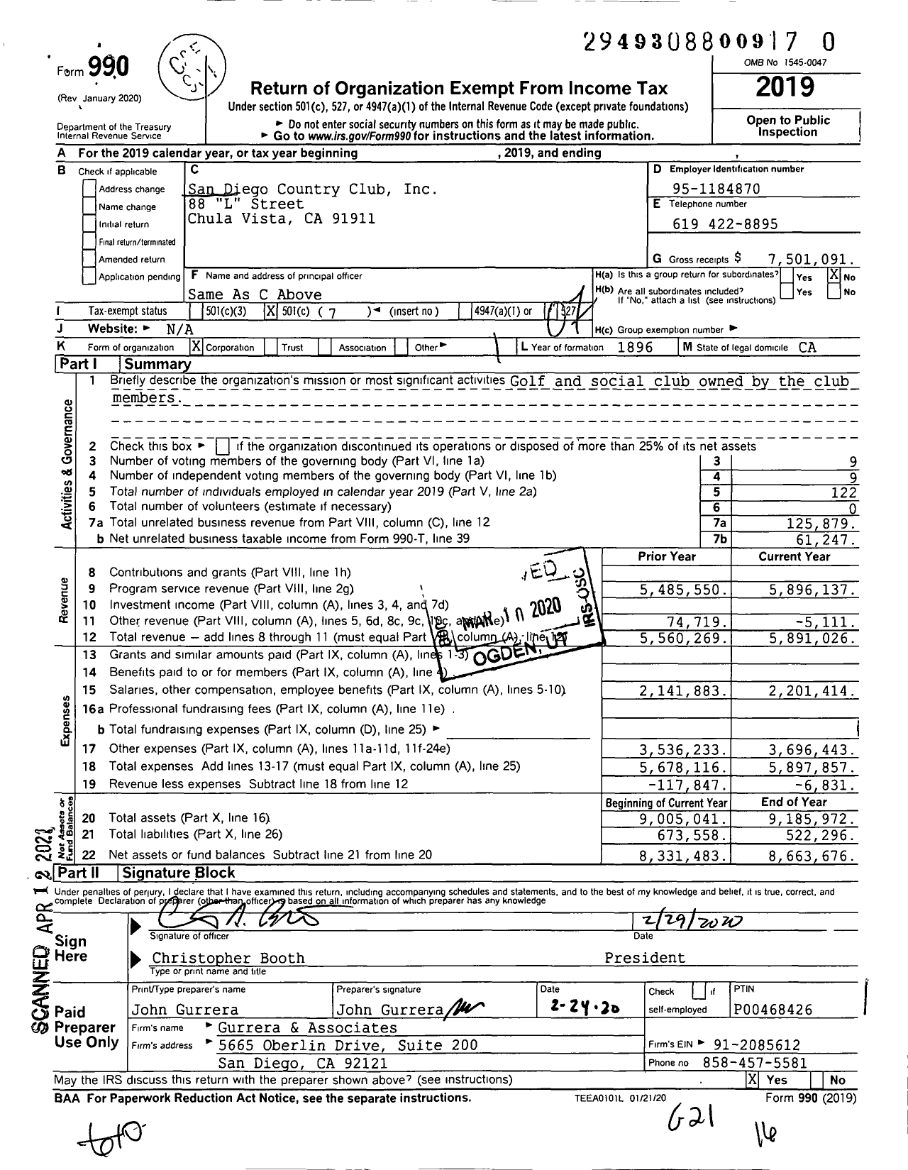 Image of first page of 2019 Form 990O for San Diego Country Club