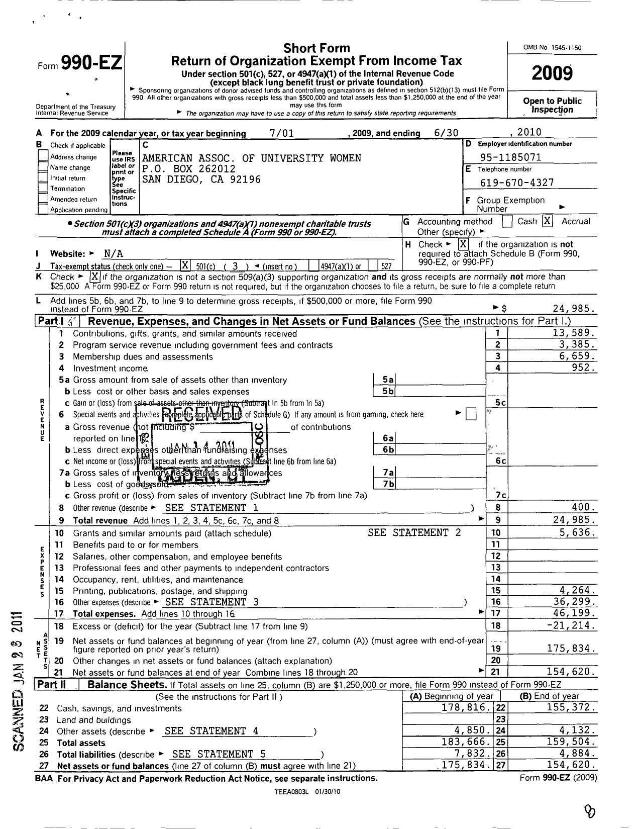 Image of first page of 2009 Form 990EZ for American Association of University Women / San Diego Branch