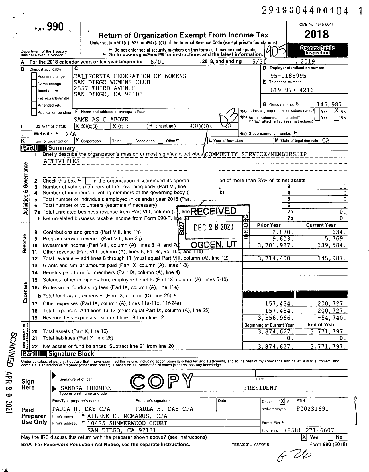 Image of first page of 2018 Form 990 for California Federation of Women's Clubs - San Diego Womens Club