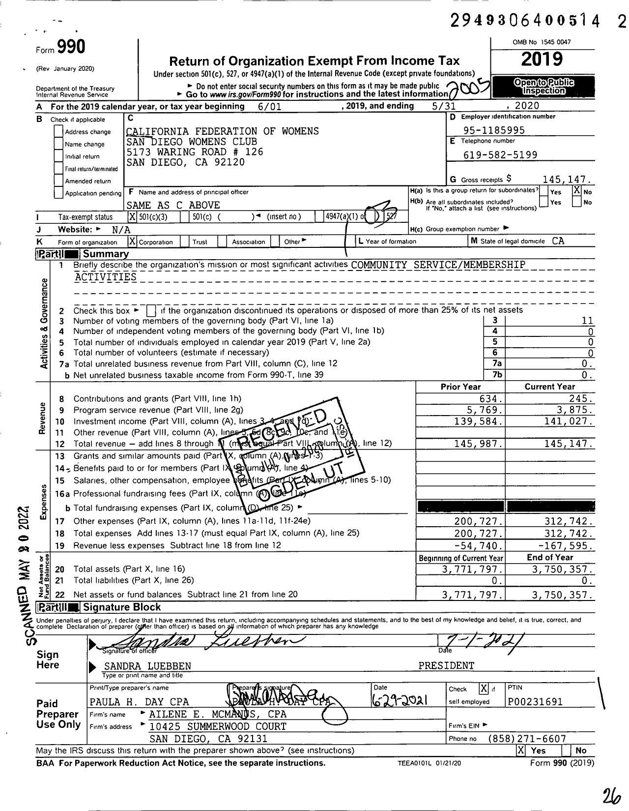 Image of first page of 2019 Form 990 for California Federation of Women's Clubs - San Diego Womens Club