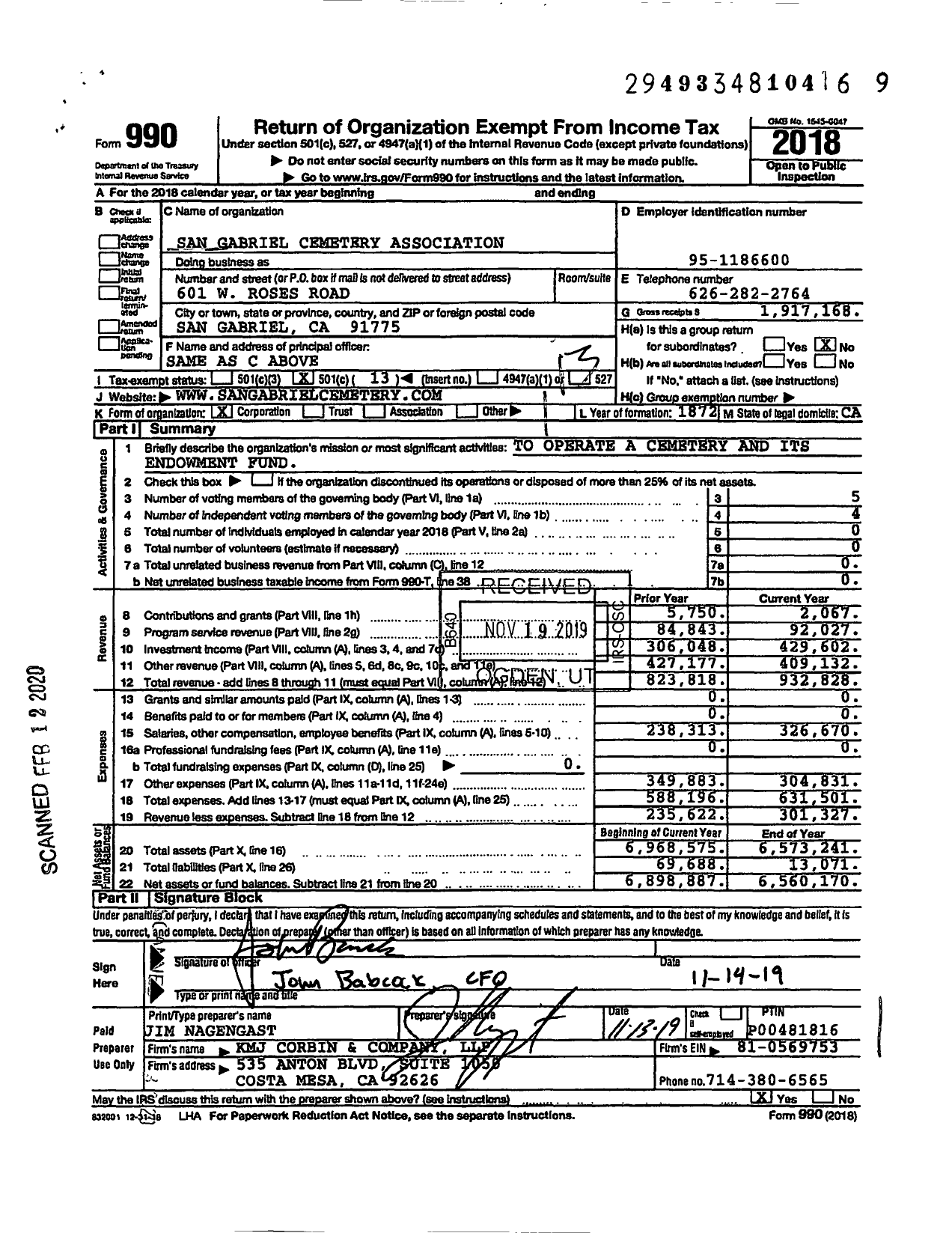 Image of first page of 2018 Form 990O for San Gabriel Cemetery Association