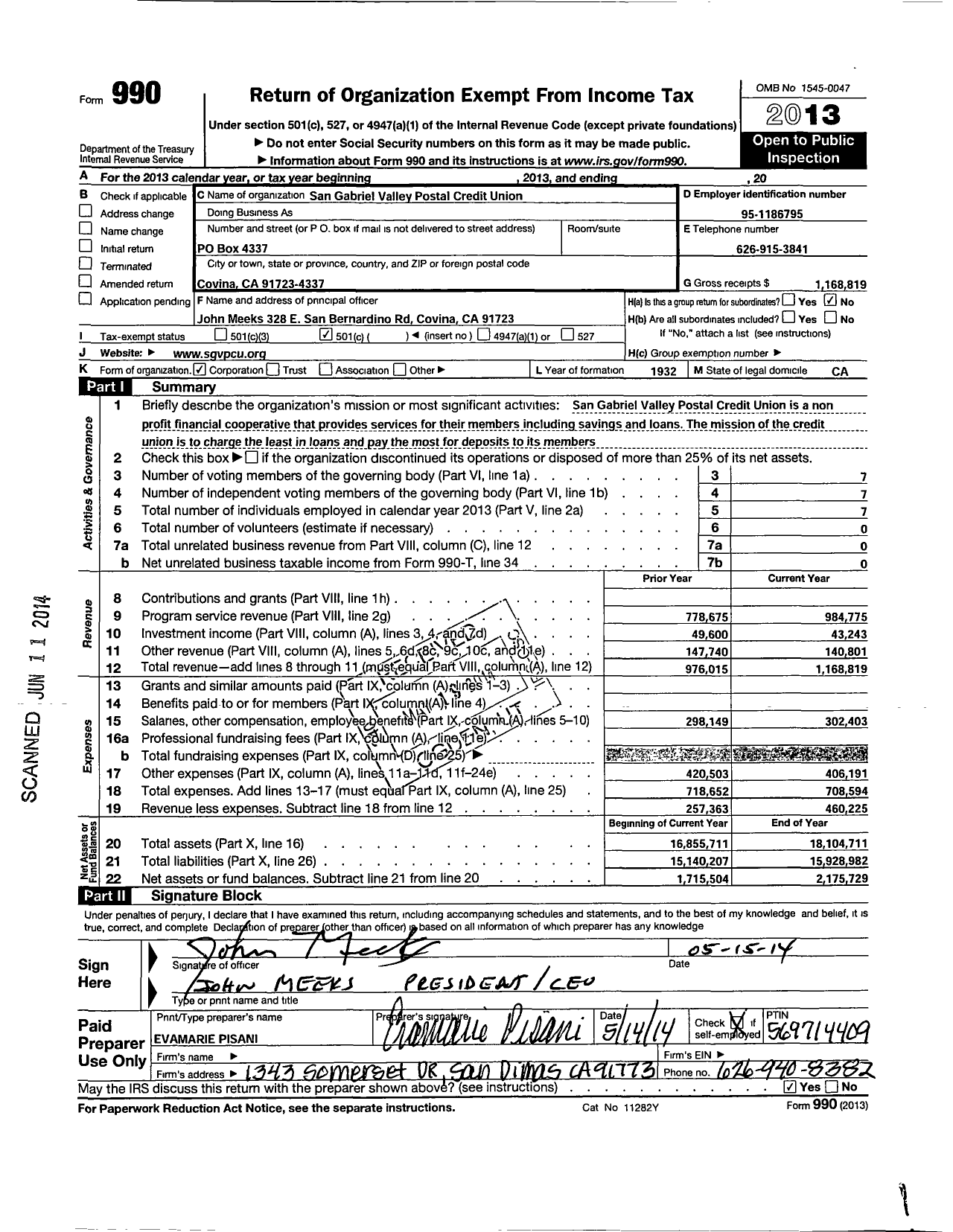 Image of first page of 2013 Form 990O for San Gabriel Valley Postal Credit Union