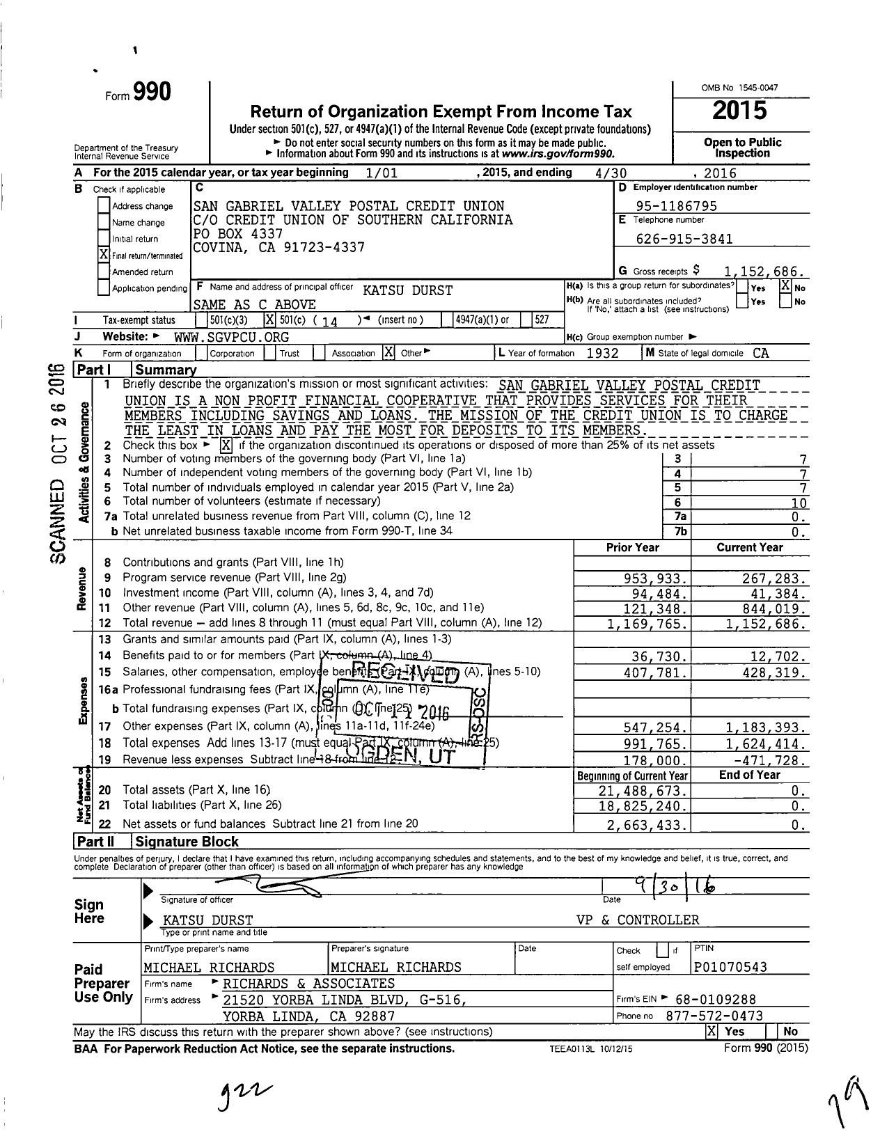 Image of first page of 2015 Form 990O for San Gabriel Valley Postal Credit Union