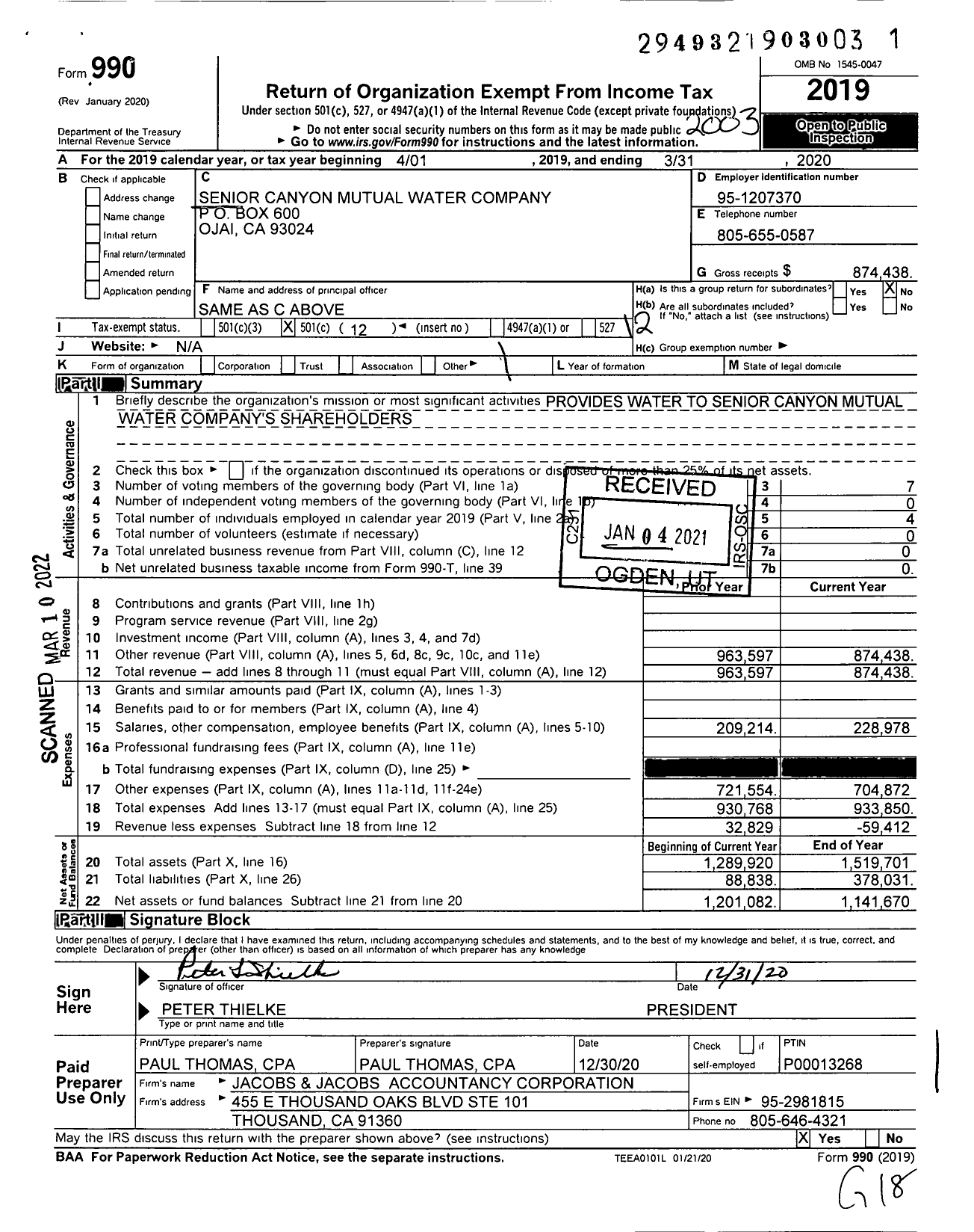Image of first page of 2019 Form 990O for Senior Canyon Mutual Water Company