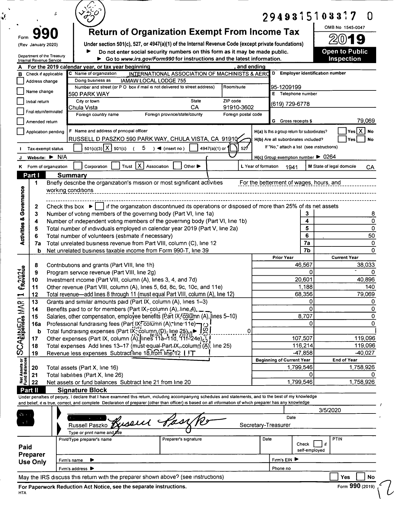 Image of first page of 2019 Form 990O for International Association of Machinists and Aerospace Workers - Iamaw Local Lodge 755