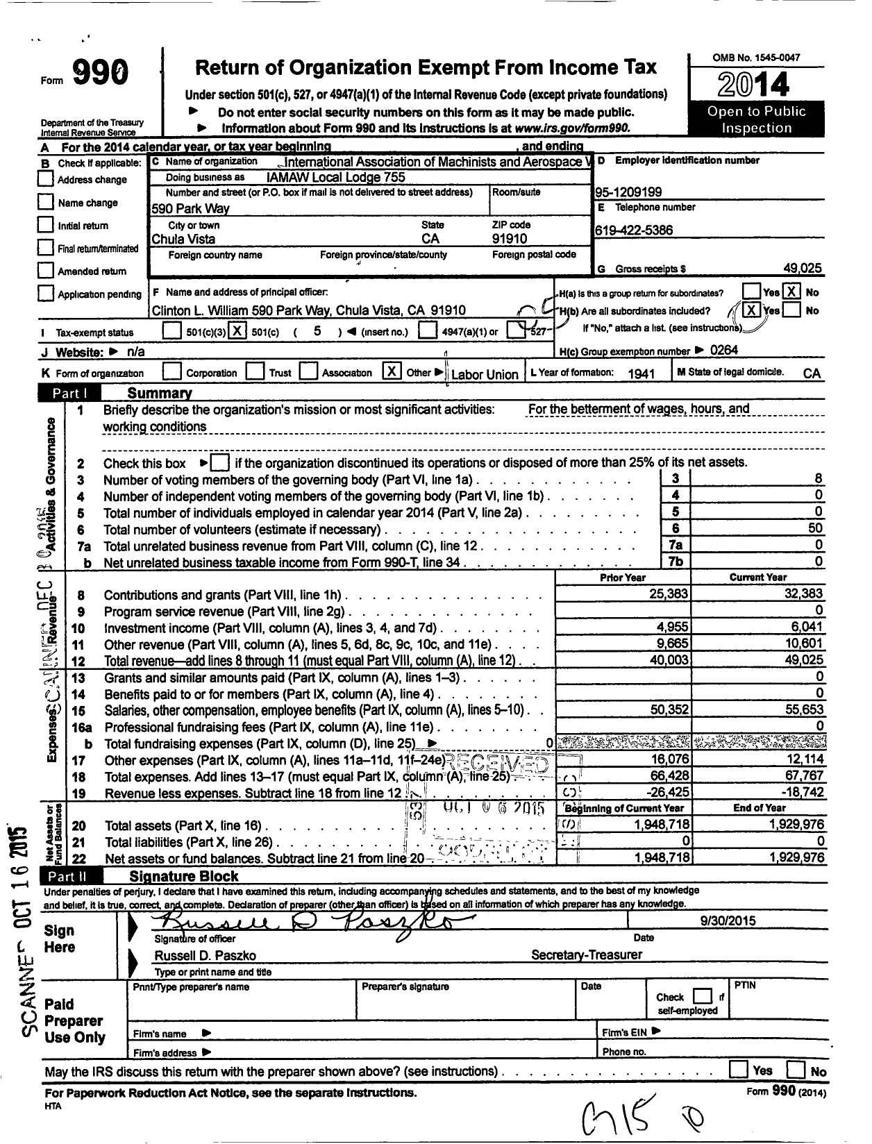 Image of first page of 2014 Form 990O for International Association of Machinists and Aerospace Workers - Iamaw Local Lodge 755