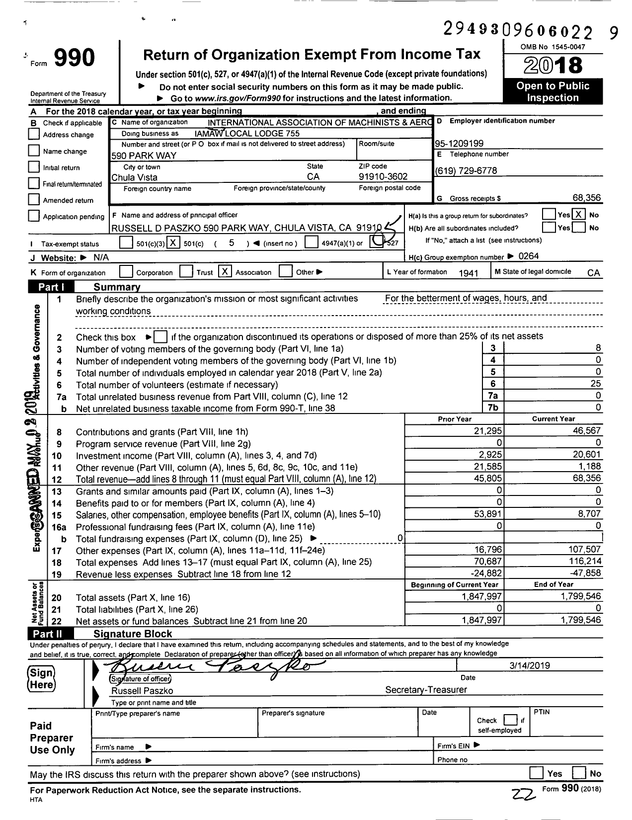 Image of first page of 2018 Form 990O for International Association of Machinists and Aerospace Workers - Iamaw Local Lodge 755