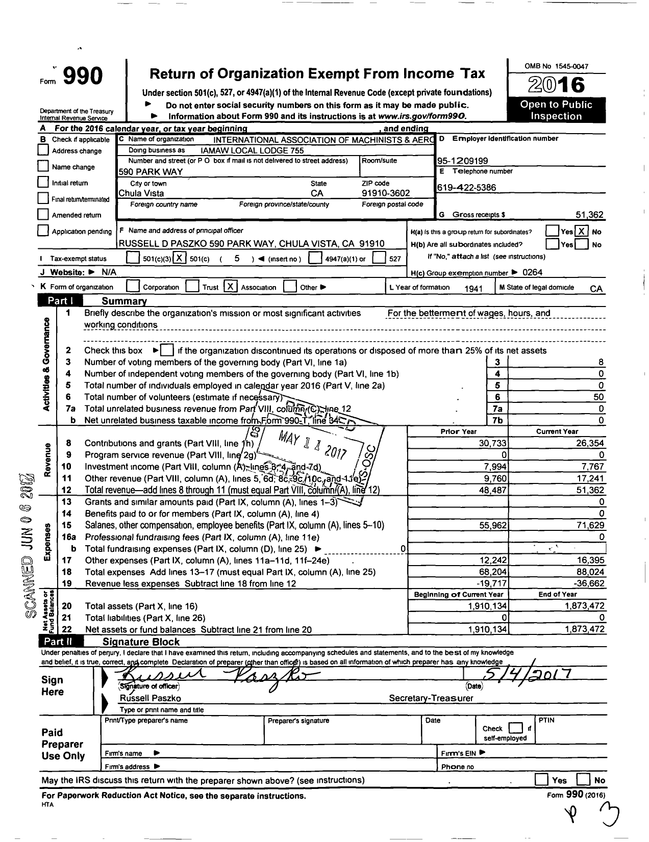 Image of first page of 2016 Form 990O for International Association of Machinists and Aerospace Workers - Iamaw Local Lodge 755