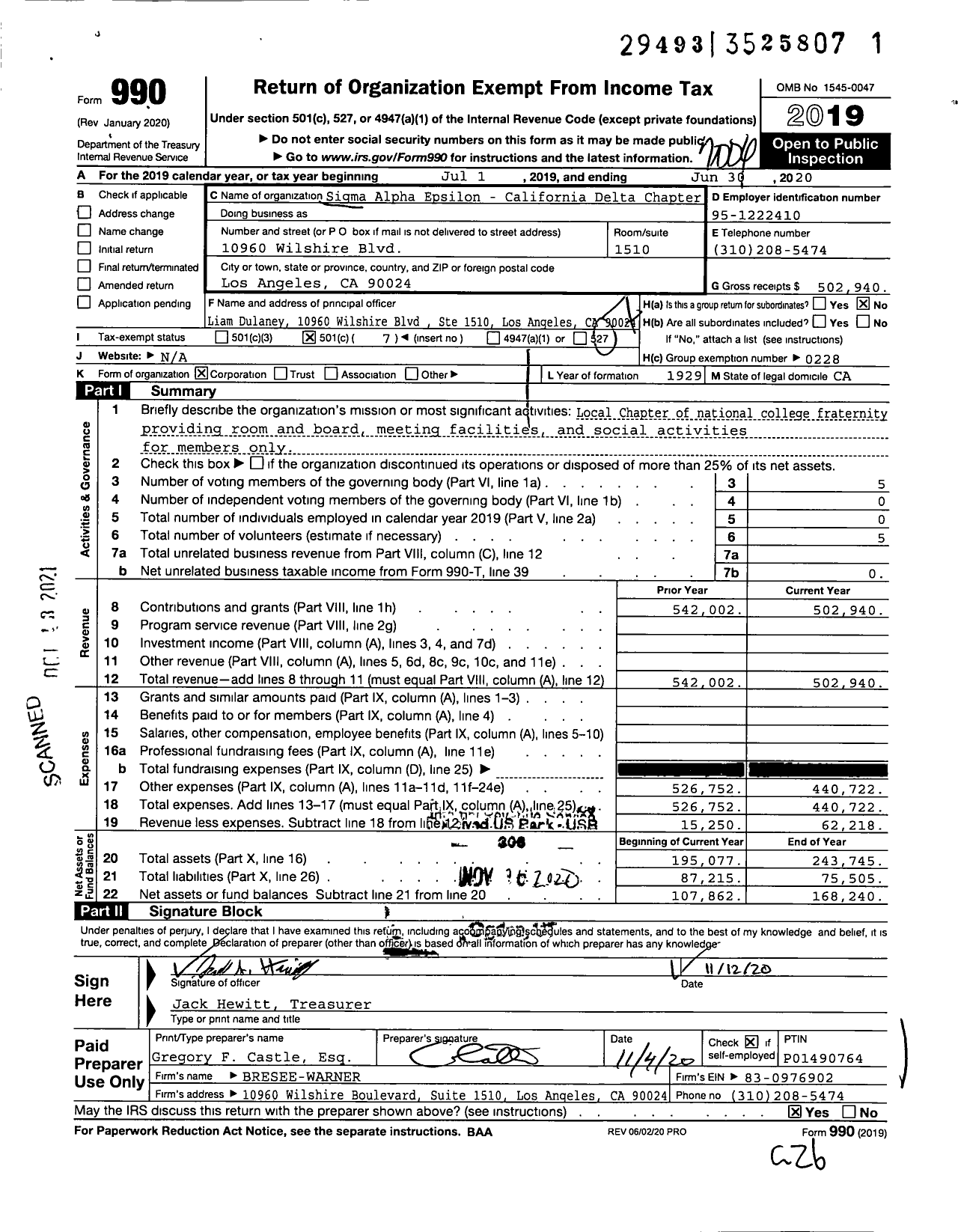 Image of first page of 2019 Form 990O for Sigma Alpha Epsilon Fraternity - Delta Chapter