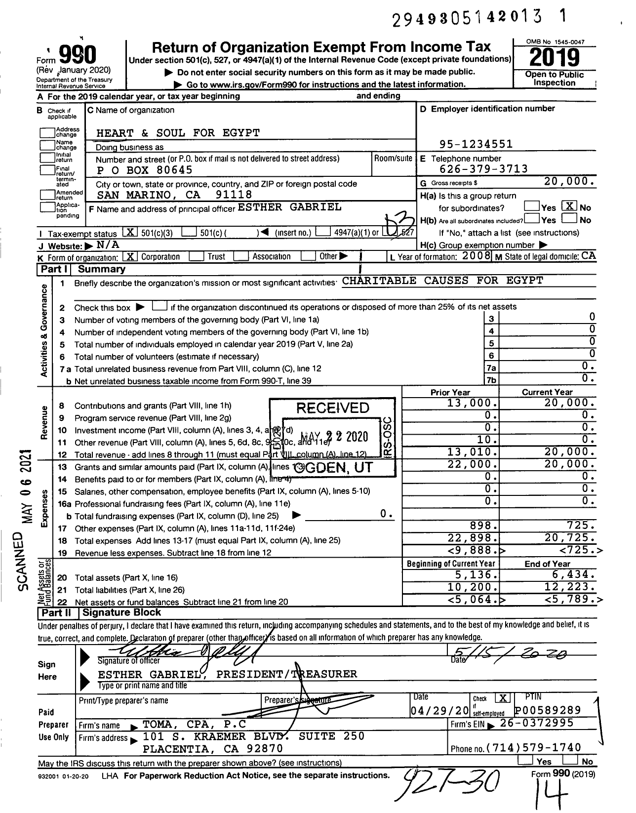 Image of first page of 2019 Form 990 for Heart and Soul for Egypt