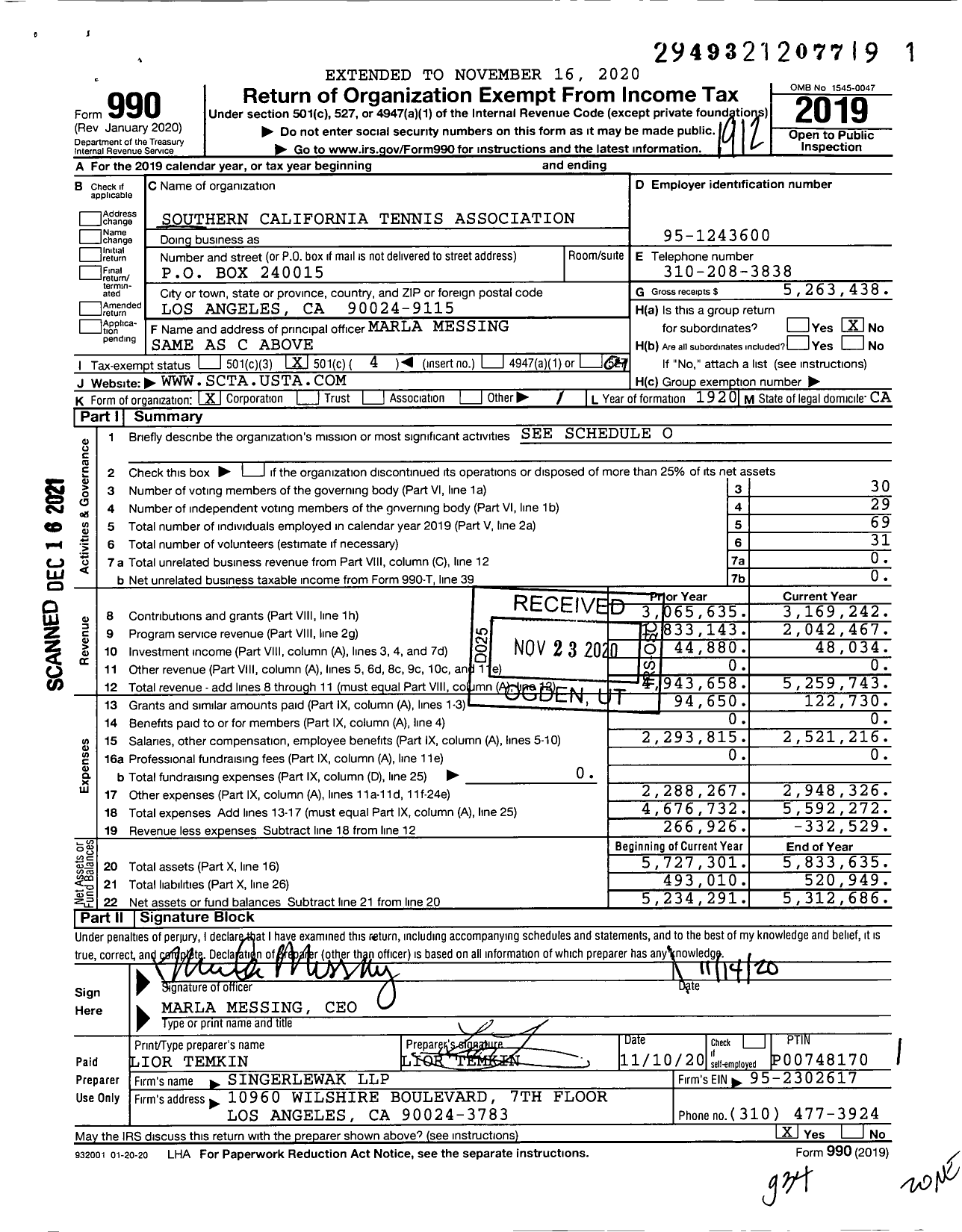 Image of first page of 2019 Form 990O for Southern California Tennis Association
