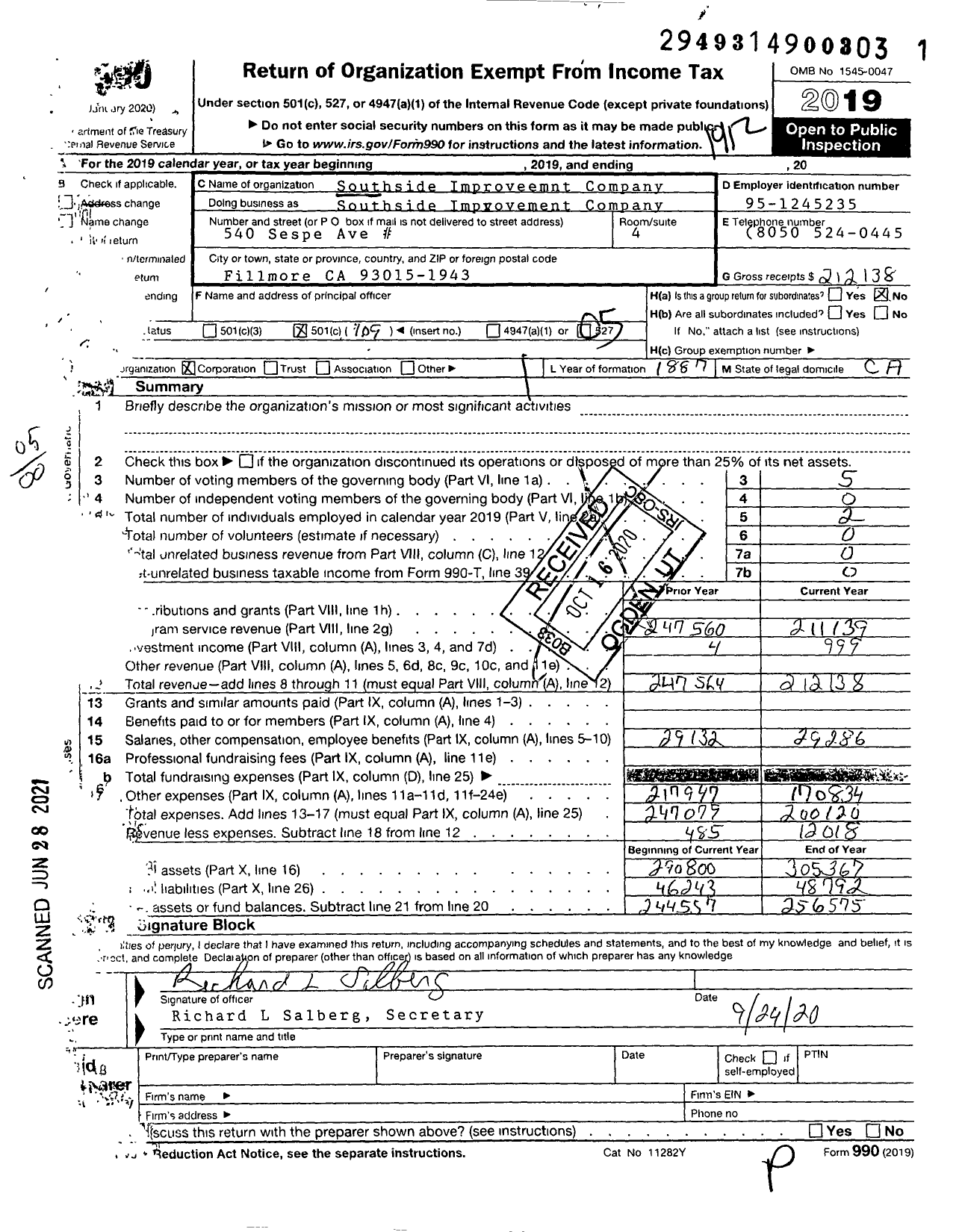 Image of first page of 2019 Form 990O for Southside Improvement Company