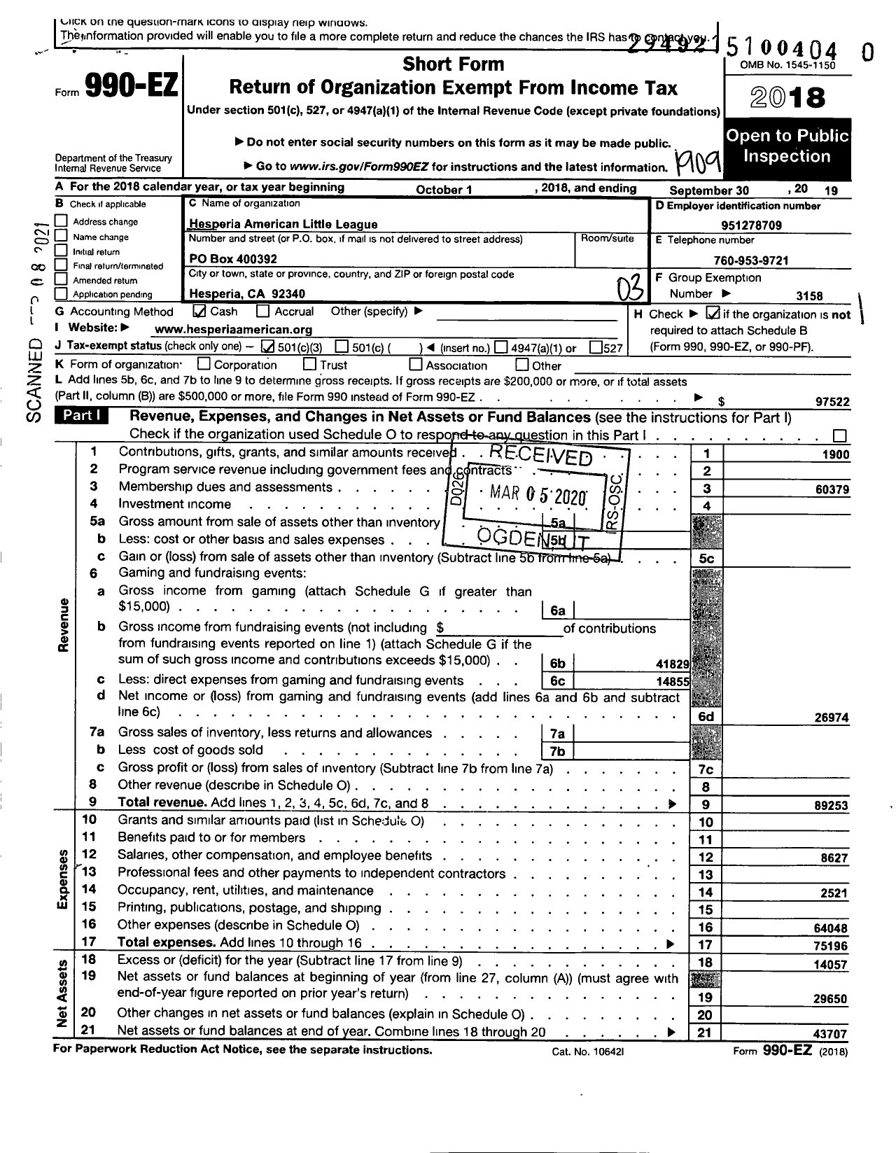 Image of first page of 2018 Form 990EZ for Little League Baseball - 4054906 Hesperia American LL