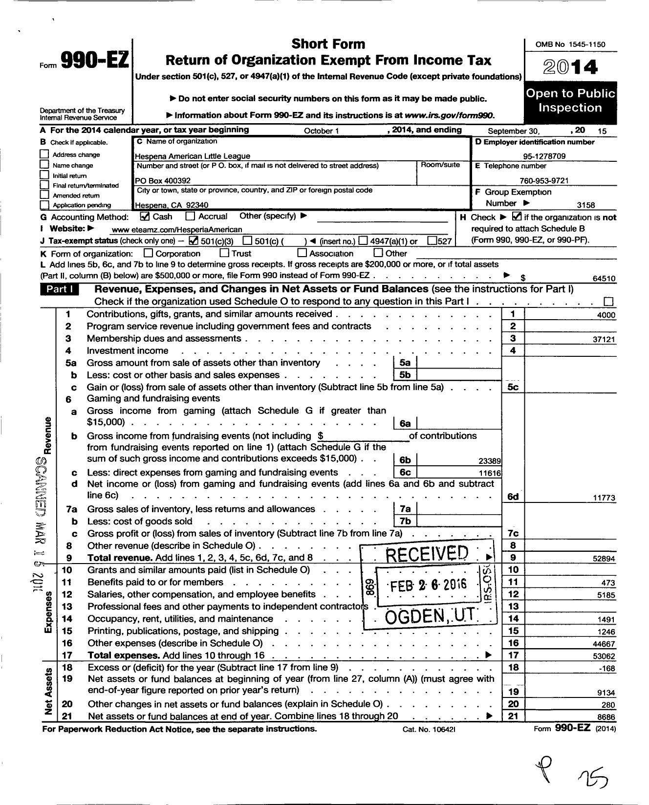 Image of first page of 2014 Form 990EZ for Little League Baseball - 4054906 Hesperia American LL