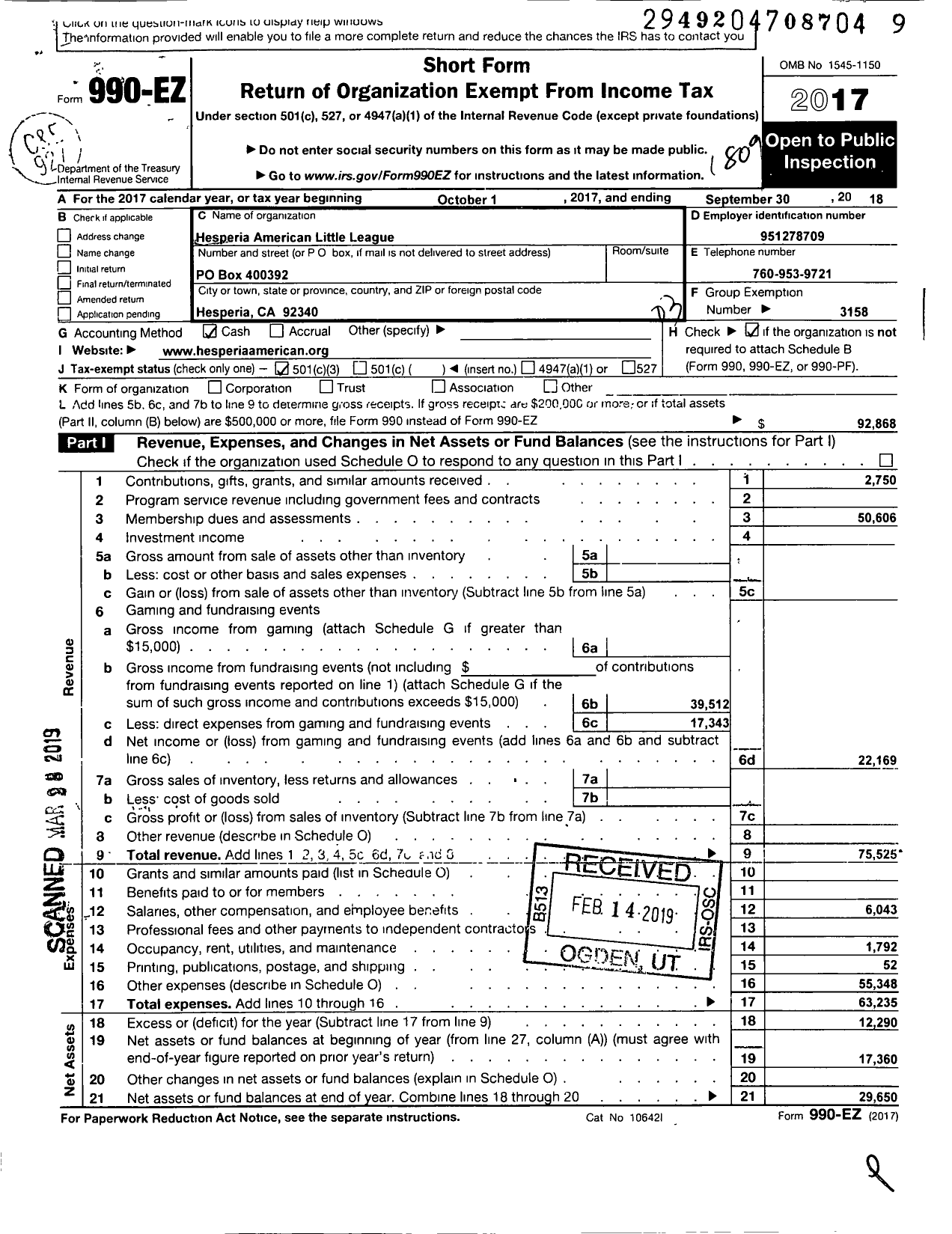 Image of first page of 2017 Form 990EZ for Little League Baseball - 4054906 Hesperia American LL