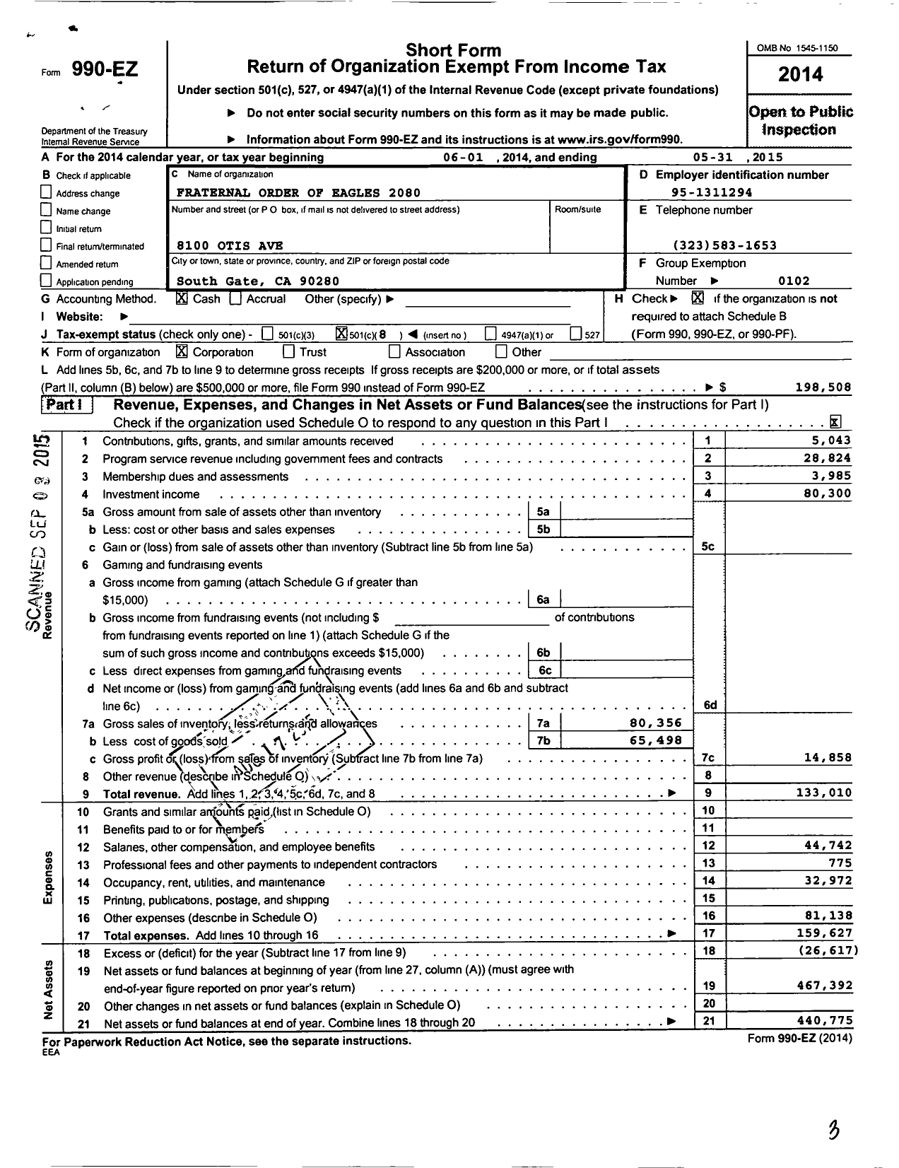 Image of first page of 2014 Form 990EO for Fraternal Order of Eagles 2080