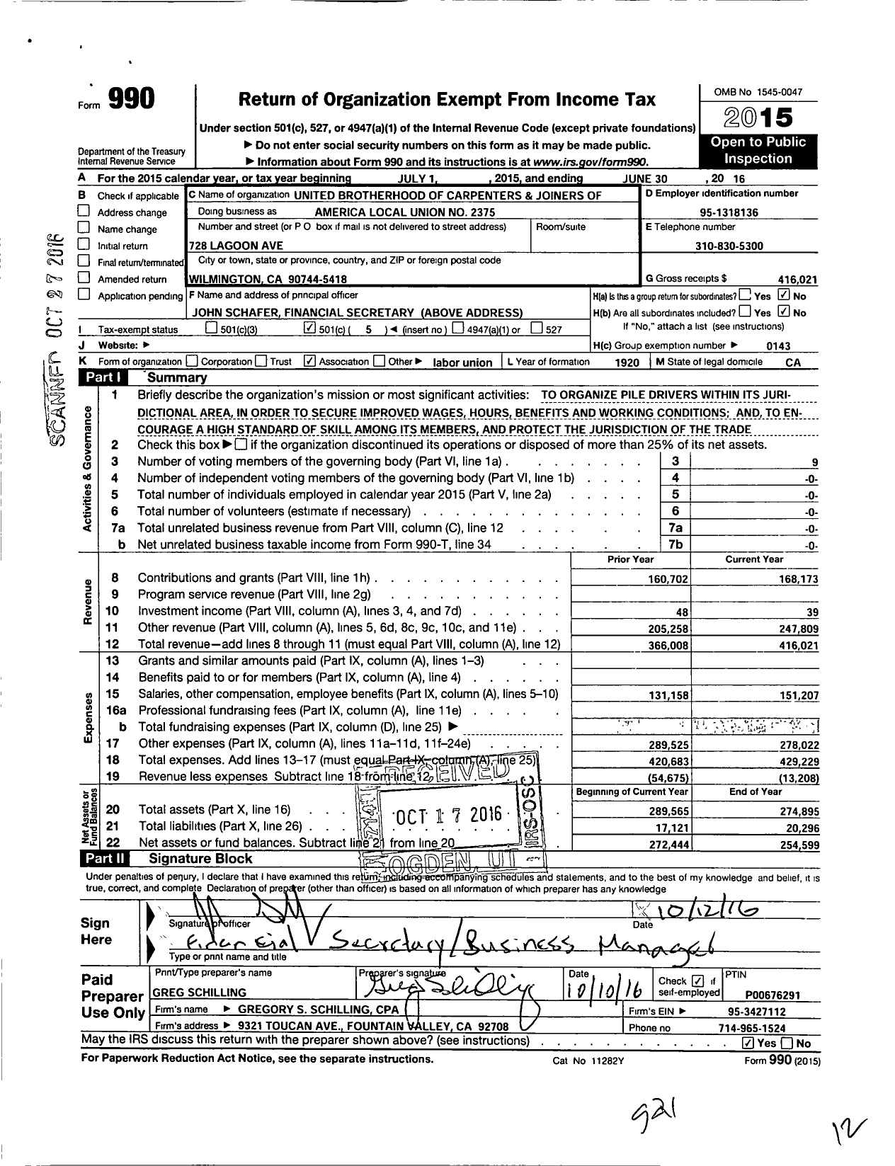 Image of first page of 2015 Form 990O for United Brotherhood of Carpenters & Joiners - 2375 Pile Drivers Local Union
