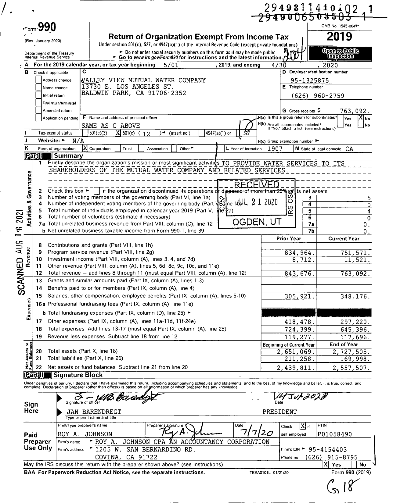 Image of first page of 2019 Form 990O for Valley View Mutual Water Company