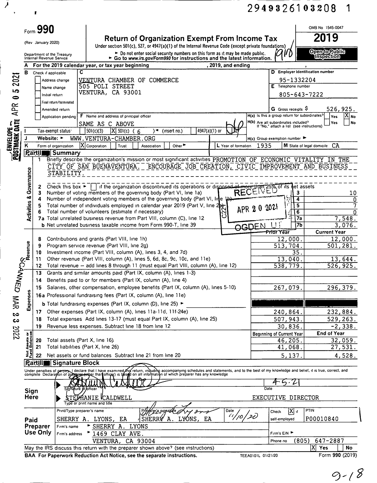 Image of first page of 2019 Form 990O for Ventura Chamber of Commerce