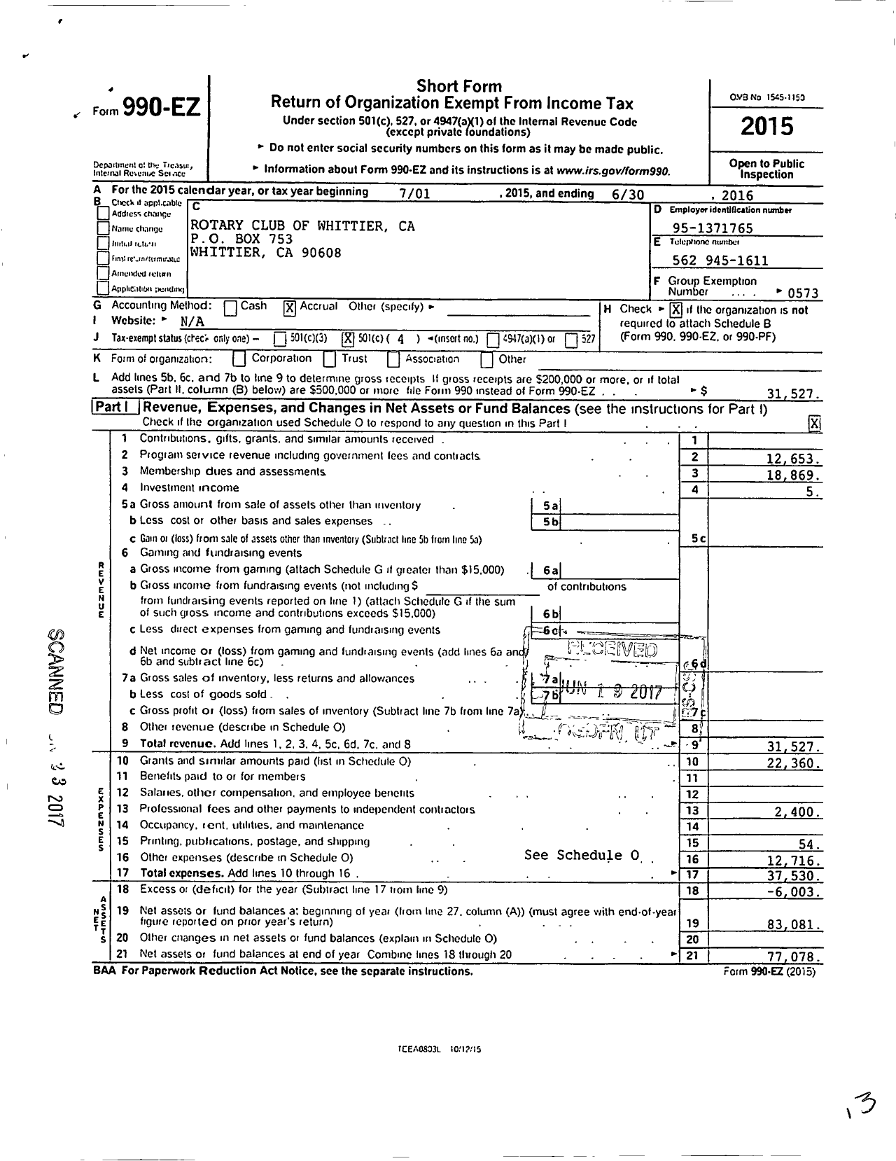 Image of first page of 2015 Form 990EO for Rotary International - Whittier Rotary Club