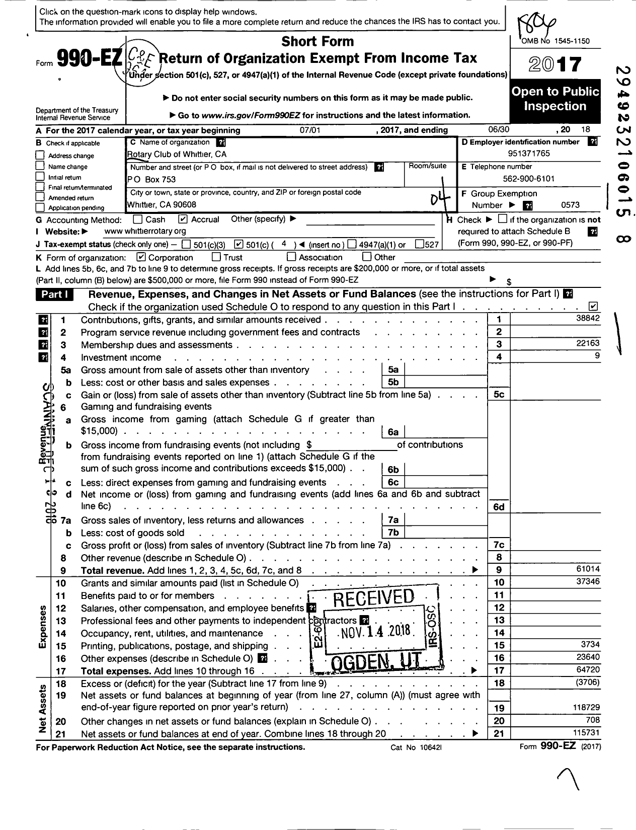 Image of first page of 2017 Form 990EO for Rotary International - Whittier Rotary Club