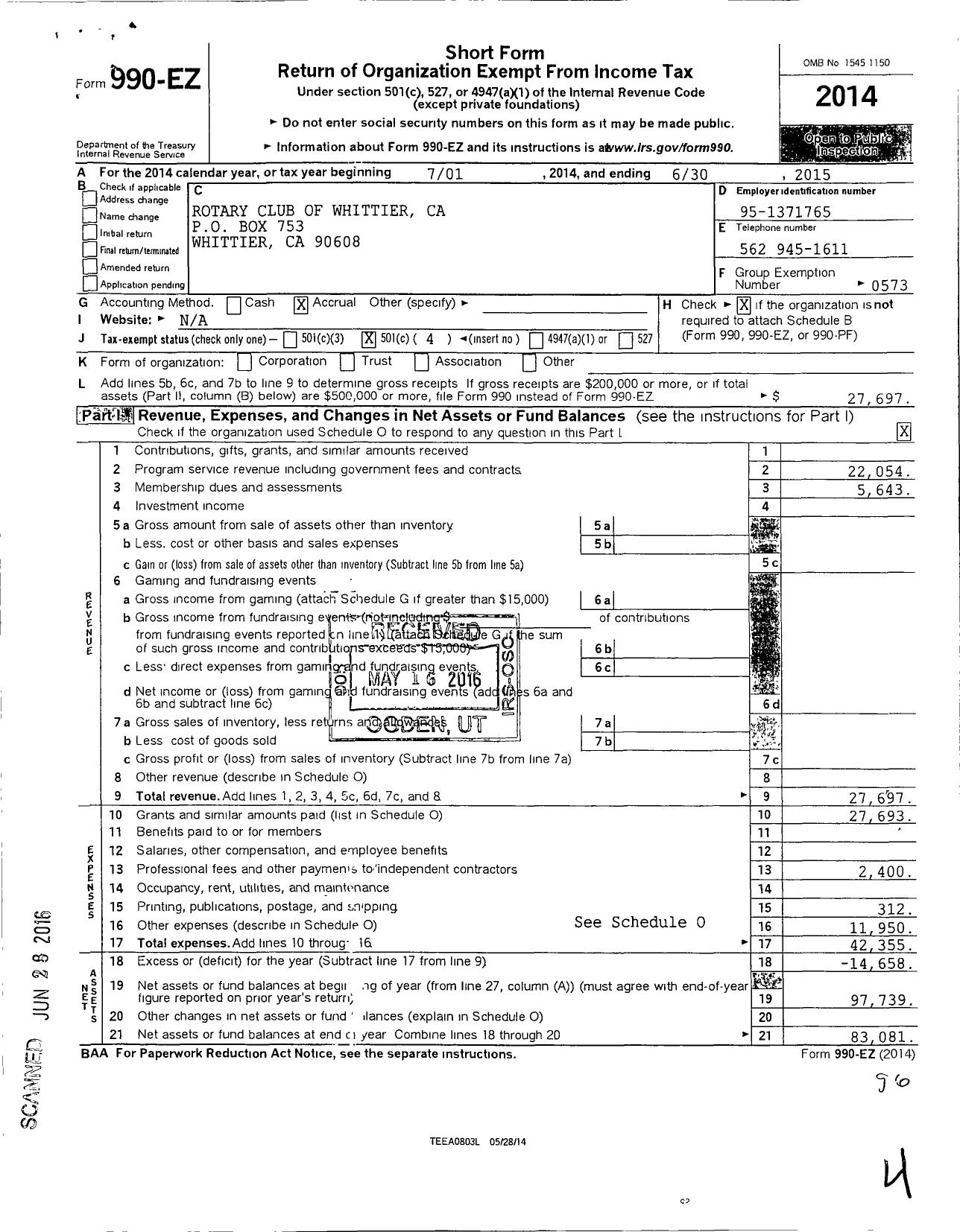 Image of first page of 2014 Form 990EO for Rotary International - Whittier Rotary Club