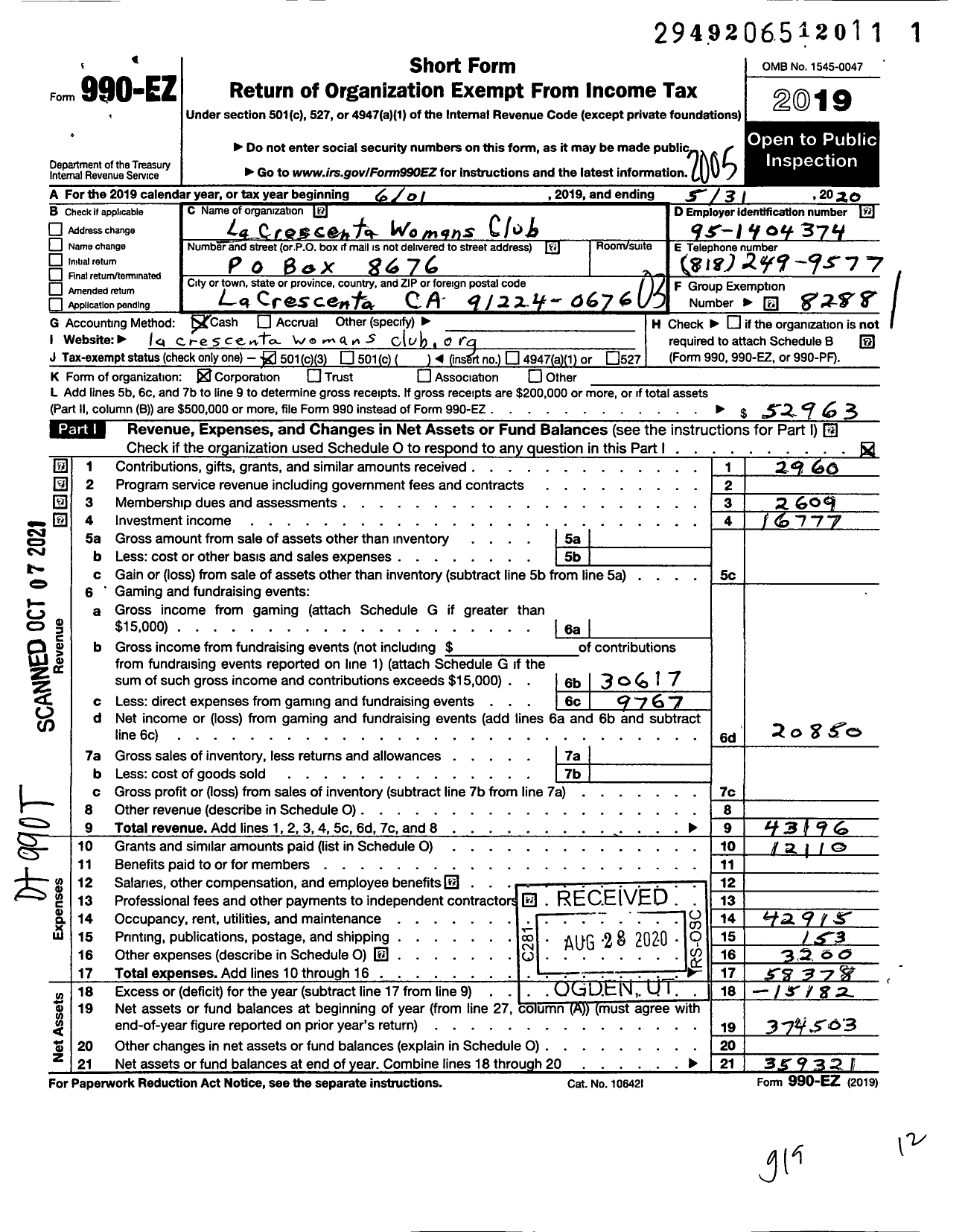 Image of first page of 2019 Form 990EZ for California Federation of Women's Clubs - La Crescenta Womans Club