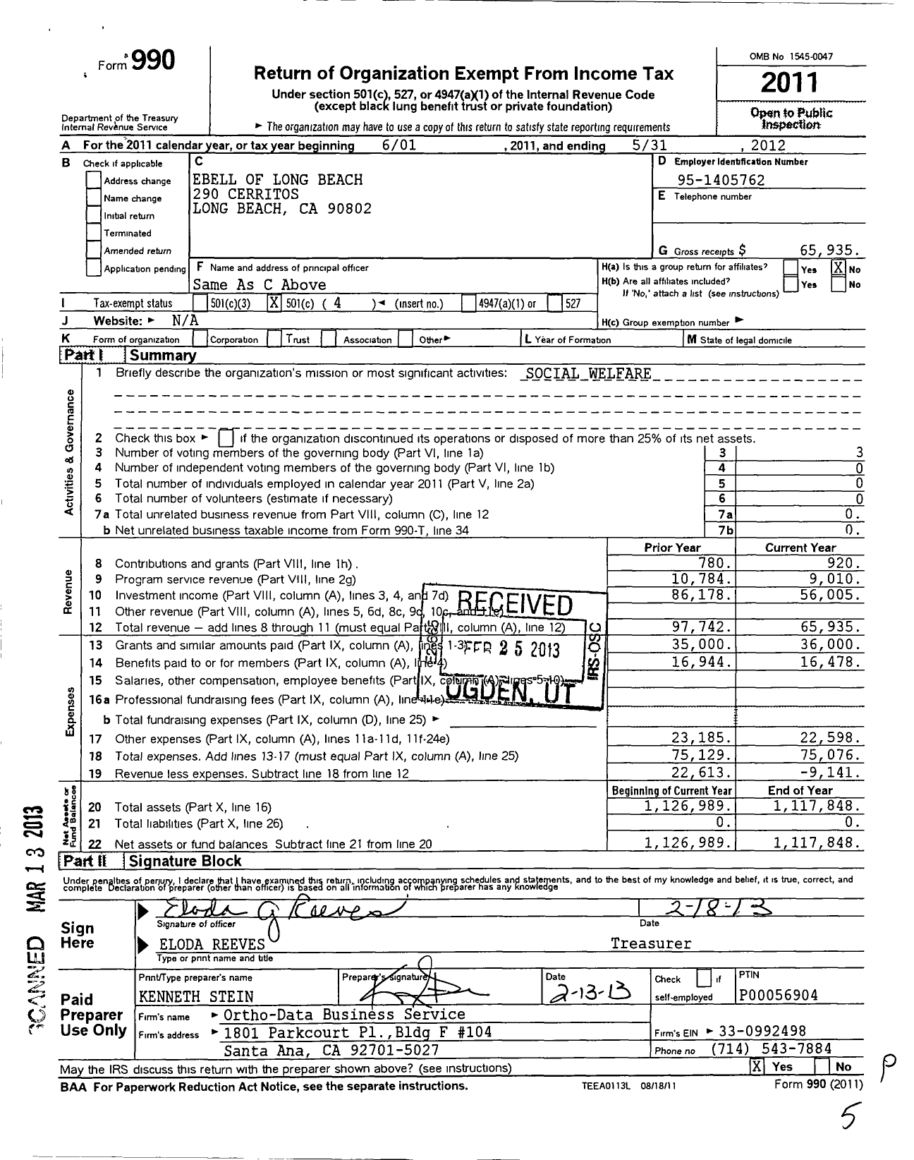 Image of first page of 2011 Form 990O for Ebell of Long Beach