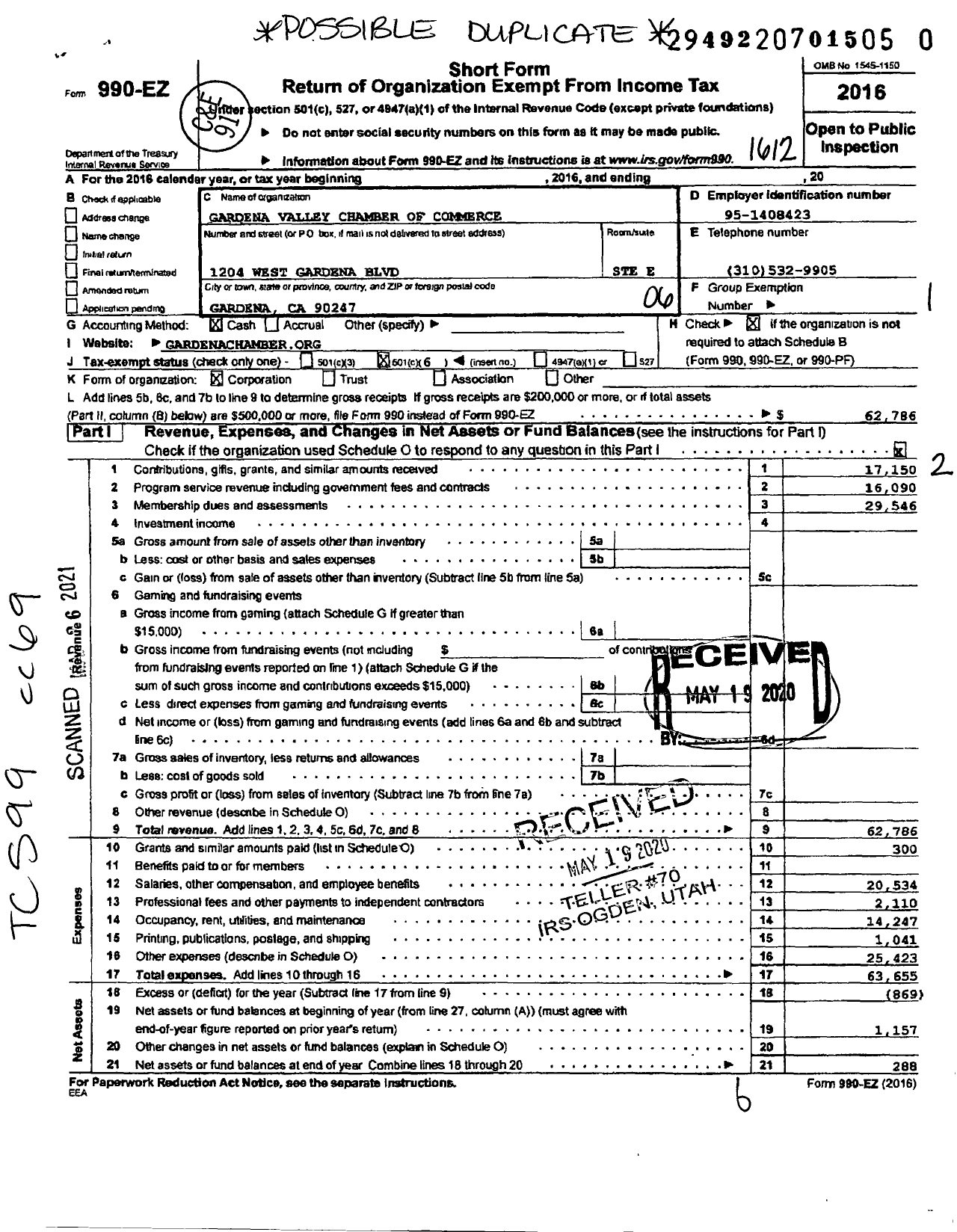 Image of first page of 2016 Form 990EO for Gardena Valley Chamber of Commerce Gardena Valley Chamber of Commerce