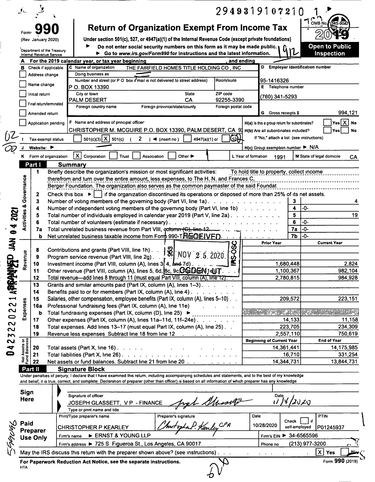 Image of first page of 2019 Form 990O for The Fairfield Homes Title Holding