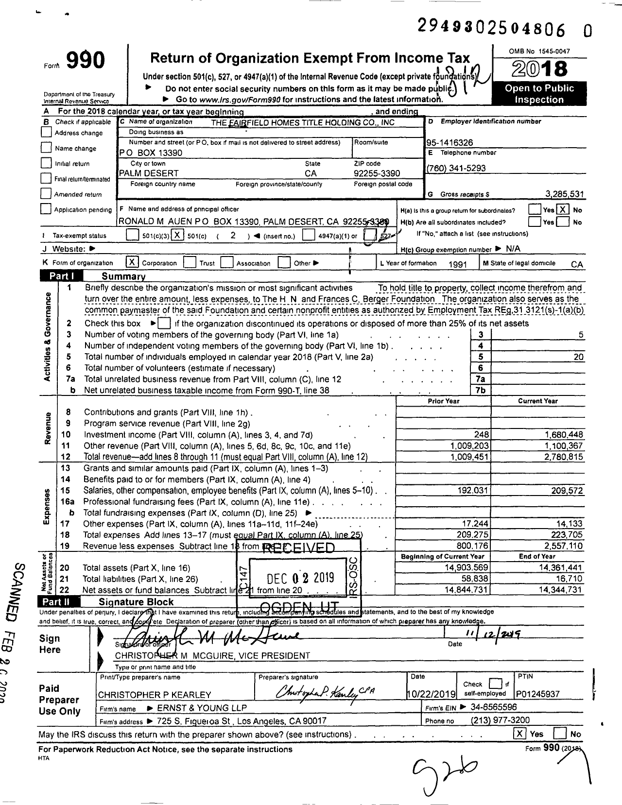 Image of first page of 2018 Form 990O for The Fairfield Homes Title Holding