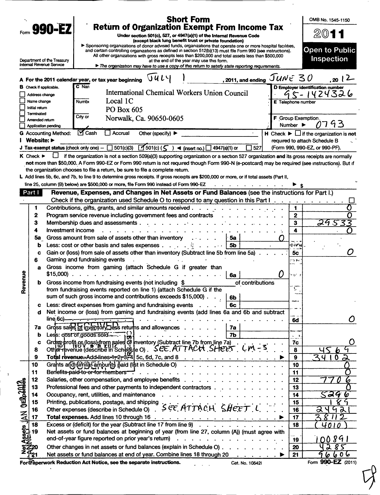 Image of first page of 2011 Form 990EO for United Food & Commercial Workers Union - 1C Local